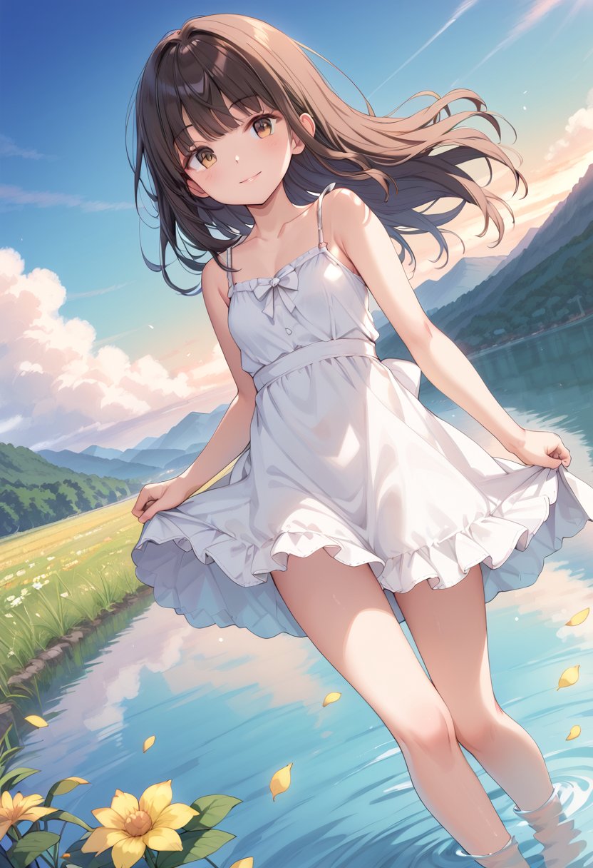 score_9, score_8_up, score_7_up, BREAK1girl, solo, dress, long hair, white dress, looking at viewer, outdoors, flower, water, sky, cloud, brown hair, wading, bare shoulders, mountain, sundress, standing, dutch angle, bangs, sleeveless, bare arms, sleeveless dress, closed mouth, white flower, brown eyes, skirt hold, grass, collarbone, blush, barefoot, orange eyes, mountainous horizon, sunset, petals, sun, bare legs, scenery, day, eyebrows visible through hair, small breasts, cloudy sky, sunlight, nature, smile, black hair, river, daisy, ripples, lens flare, short dress, blue sky, wind, bow, legs, thighs, field, parted lips, stream, backlighting, sidelocks, white bow, tree, light rays, light particles, twilight, floating hair, horizon, reflection, white ribbon, pond, yellow flower, hair intakes, frilled dress, diffraction spikes, sunrise, spaghetti strap, evening, gradient sky, armpit crease, yellow eyes