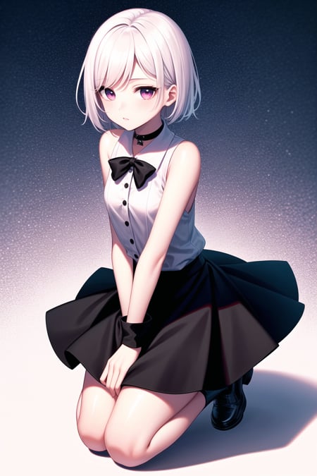 best quality, ultra high res, 1girl, sleeveless white button shirt, black skirt, black choker, cute, (Kpop idol), (aegyo sal:1), (platinum blonde hair:1), ((puffy eyes)), looking at viewer, full body, facing front