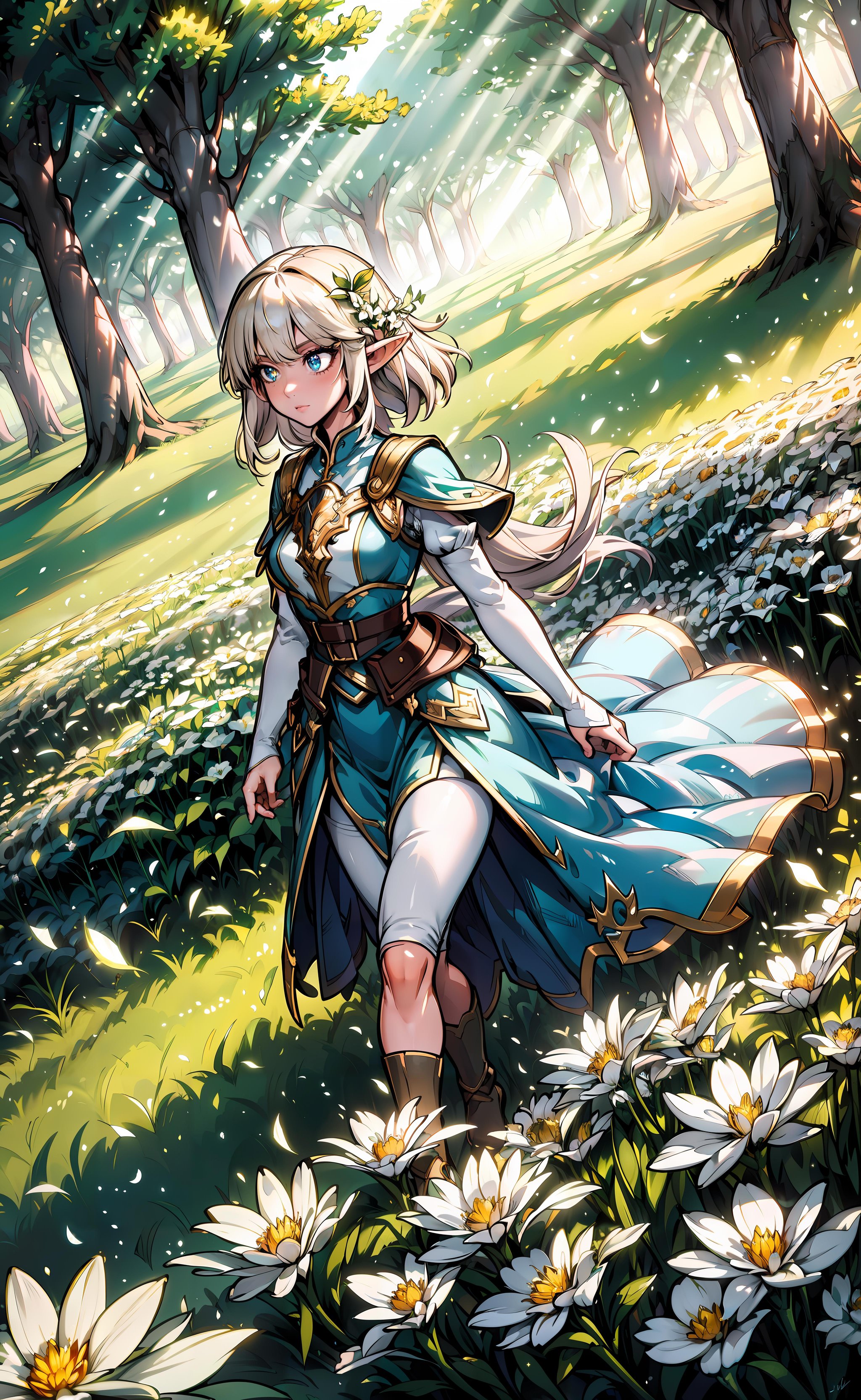 masterpiece, best quality, 1girl, elf adventurer walking through a field of white flowers, dutch angle, cinematic, volumetric lighting, sunbeam, soft lighting, mystical, magical, rim lighting, fantasy, sparkle, glittering, <lora:GoodHands-beta2:1>,  <lora:tangbohu-line_1.0:0.7>, <lora:jk_style:0.4>, <lora:GGAS_Legends_Art_Style:0.1>,