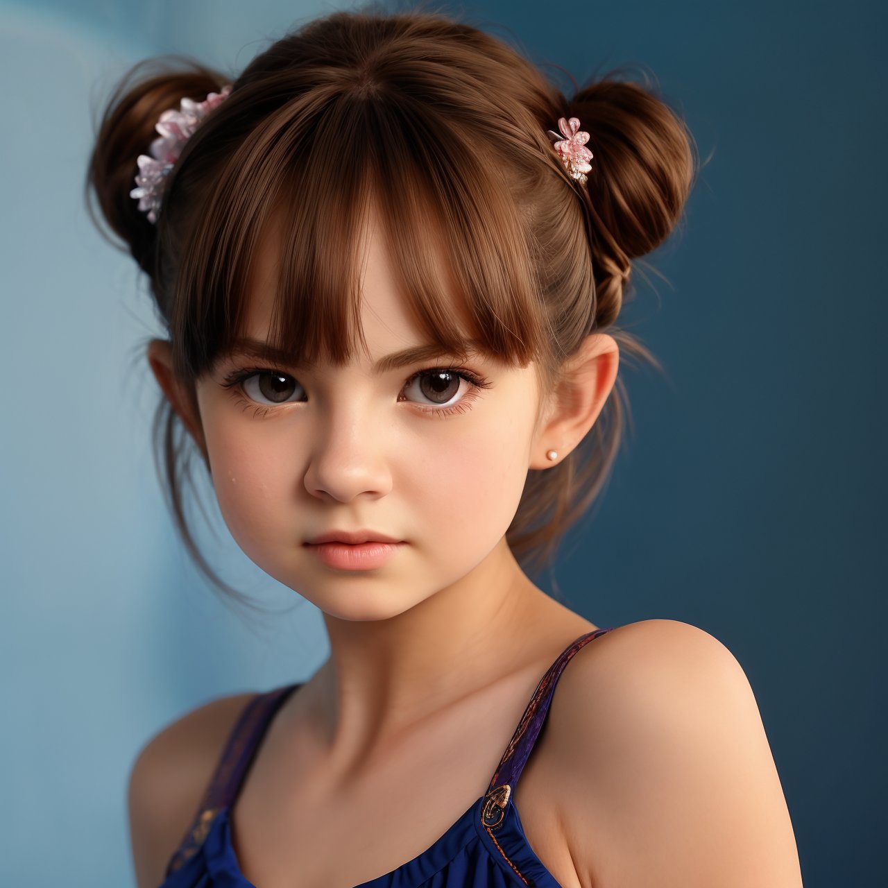 SFW, (masterpiece:1.3), best quality, extra resolution, wallpaper, dolly short of calm (AIDA_LoRA_BelK:1.11) <lora:AIDA_LoRA_BelK:0.83> posing for a picture on blue background, blue wall with pattern on the background, blue room, little girl, pretty face, beautiful child, sportive uniform, flirting, dramatic, studio photo, kkw-ph1