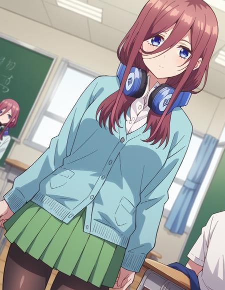 score_9, score_8_up, score_7_up, source_anime,mikunakano, <lora:miku-nakano-s1-ponyxl-lora-nochekaiser:1>, miku nakano, long hair, bangs, blue eyes, brown hair, shirt, hair between eyes, headphones, cardigan, headphones around neck,skirt, shirt, long sleeves, white shirt, pantyhose, pleated skirt, black pantyhose, cardigan, green skirt, blue cardigan,indoors, classroom, looking at viewer, cowboy shot, dutch angle,