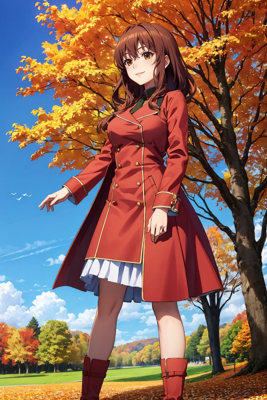 masterpiece, best quality, 1girl, <lora:mugenkurumi-nvwls-v1-000009:0.9> mugenkurumi, long coat, red coat, boots, buttons, autumn, trees, blue sky, smile