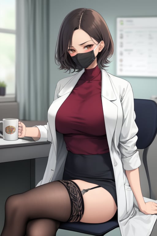 1girl,labcoat,thighhighs,solo,crossed legs,cup,short hair,brown eyes,breasts,mouth mask,garter straps,mask,sitting,large breasts,surgical mask,skirt,brown hair,mug,shirt,black thighhighs,mask pull,looking at viewer,chair,blush,thighs,red shirt,window,scissors,bangs,indoors,coffee mug,pencil skirt,blurry background,white mask,<lora:teach:1>