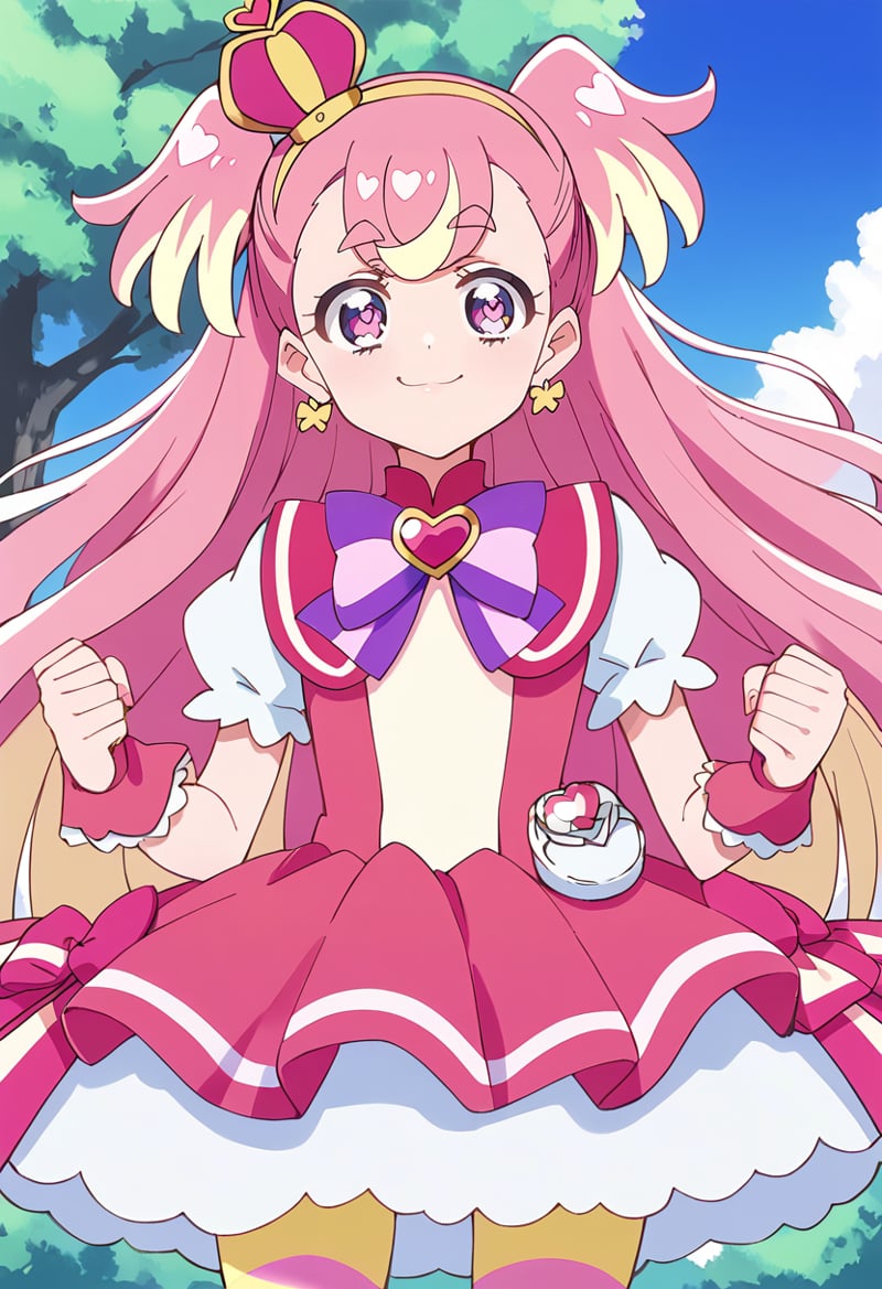 score_9, score_8_up, score_7_up, source_anime, BREAKcure wonderful, 1girl, solo, pink hair, earrings, multicolored hair, smile, long hair, eyebrows visible through hair, outdoors, two side up, purple eyes, clenched hands, :3, day, closed mouth, hands up, two-tone hair, wrist cuffs, cloud, blush, bangs, pink eyes, anime coloring, bowtie, blue sky, tree, blonde hair, gradient hair, eyelashes, multicolored eyes, mini crown, shiny hair, yellow hairband, streaked hair, pink sailor collar, thick eyebrows, purple neckwear, hair ornament, looking to the side, depth of field, cloudy sky, happy, looking up, looking away, floating hair, arm warmers, long sleeves, shirt, looking at viewer, blue eyes, ribbon, striped bow, heart brooch, pink dress, tilted headwear, bright pupils, dot nose, multicolored bow, capelet, pouch, dress bow, pink bow, white pupils, puffy sleeves, striped legwear, multicolored legwear, striped pantyhose, pink pantyhose, yellow pantyhose,<lora:cure_wonderful_inukai_komugi_sdxl_locon_pony_v1:0.7>