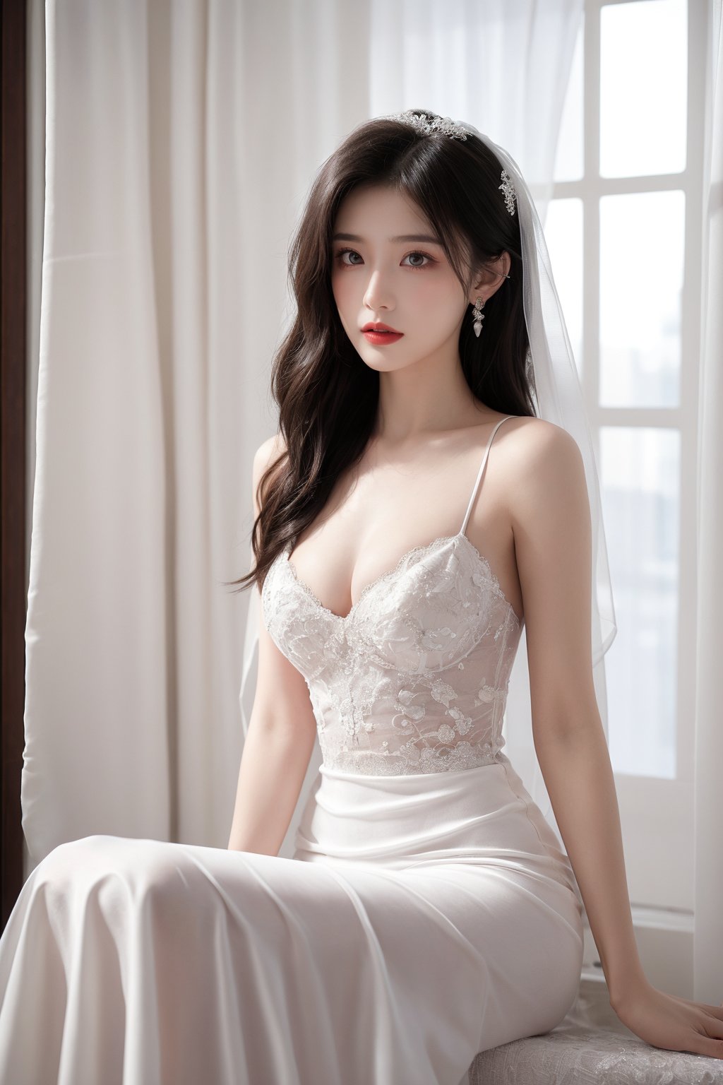 1girl, black hair, breasts, bridal veil, cleavage, curtains, dress, earrings, indoors, jewelry, lips, lipstick, long hair, medium breasts, realistic, sitting, solo, veil, wedding dress, white dress, window  <lora:婚纱:0.8>