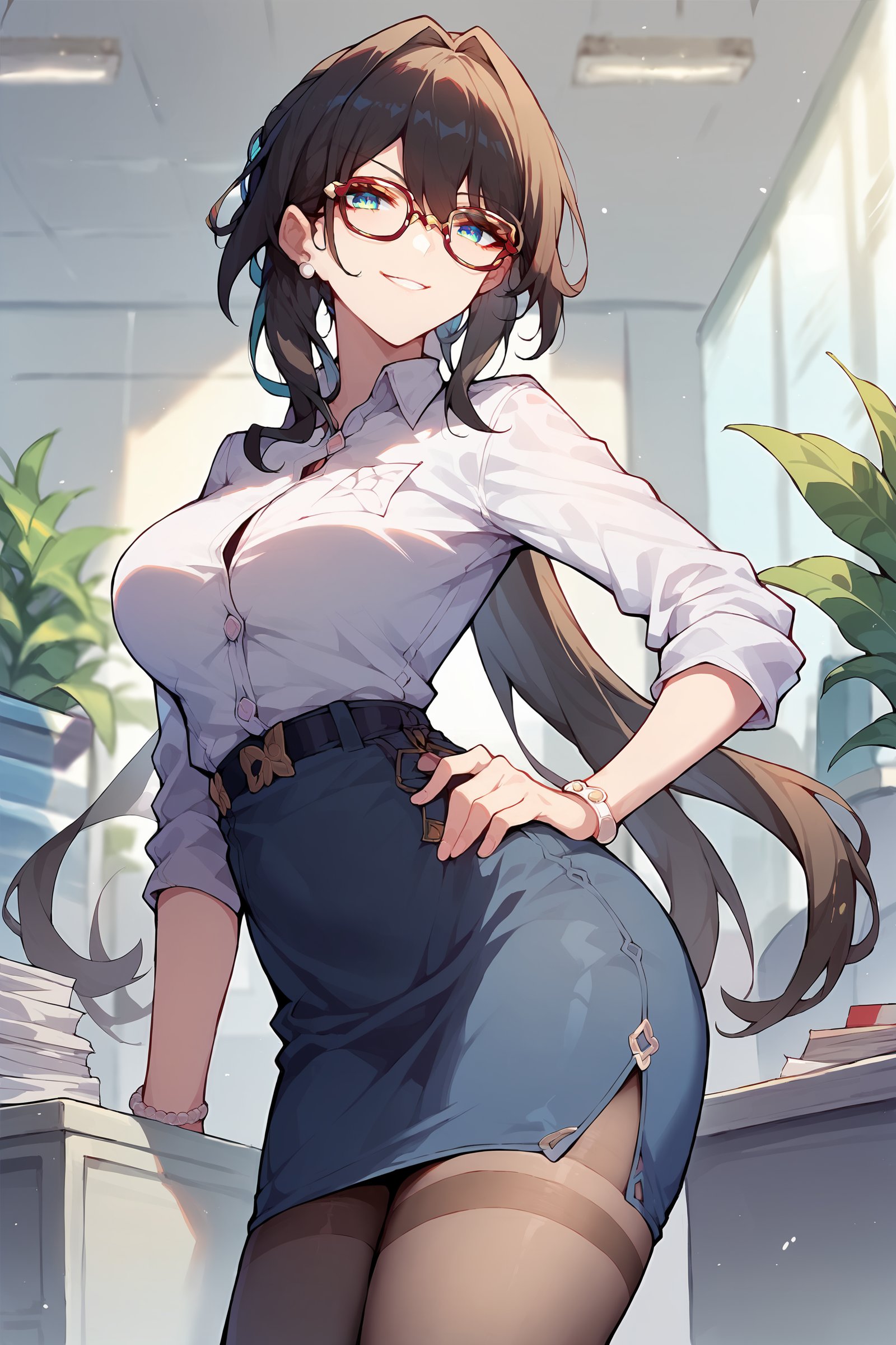 1girl, ruan mei \(honkai: star rail\), solo, office lady, white collared shirt, pencil skirt, pantyhose, glasses, smirk, looking at viewer, hand on hip, office, indoors, depth of field  <lora:Expressive_H:0.9>, <lora:Char-HonkaiSR-Ruanmei-Pony-V1:0.9>, score_9, score_8_up, score_7_up 