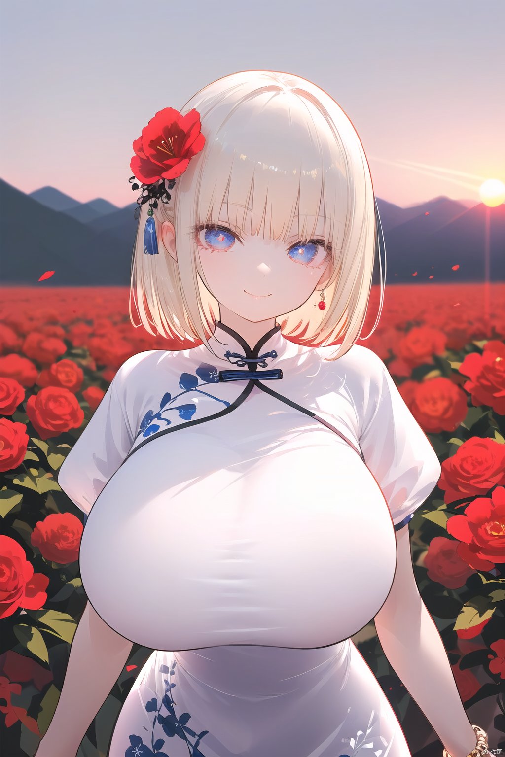 (detailed eyes, detailed face, detailed skin),masterpiece, (best quality, ultra-detailed,insanely detailed:1.2), (ultra high res,sharp focus,perfect anatomy,cel animation,fantastic illumination), super fine, anime beautiful girl, nai3,skindentation,(((petite,huge_breasts,gigantic_breasts,curvy_breasts,long legs))),dynamic pose,1girl, solo, looking at viewer, smile, short hair, dress, jewelry, upper body, flower, short sleeves, outdoors, white dress, bracelet, chinese clothes, red flower, sunset,hair flowers,hair ornament<lora:EMS-348865-EMS:1.000000>, <lora:EMS-256162-EMS:0.600000>, <lora:EMS-281633-EMS:0.400000>