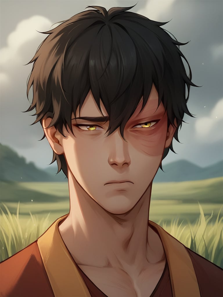 score_9, score_8_up, score_7_up, score_6_up, score_5_up, score_4_up, source_anime, portrait of  Zuko man, black hair, yellow eyes, sad, dark lighting, grassy plains background <lora:Zuko-000002:1>