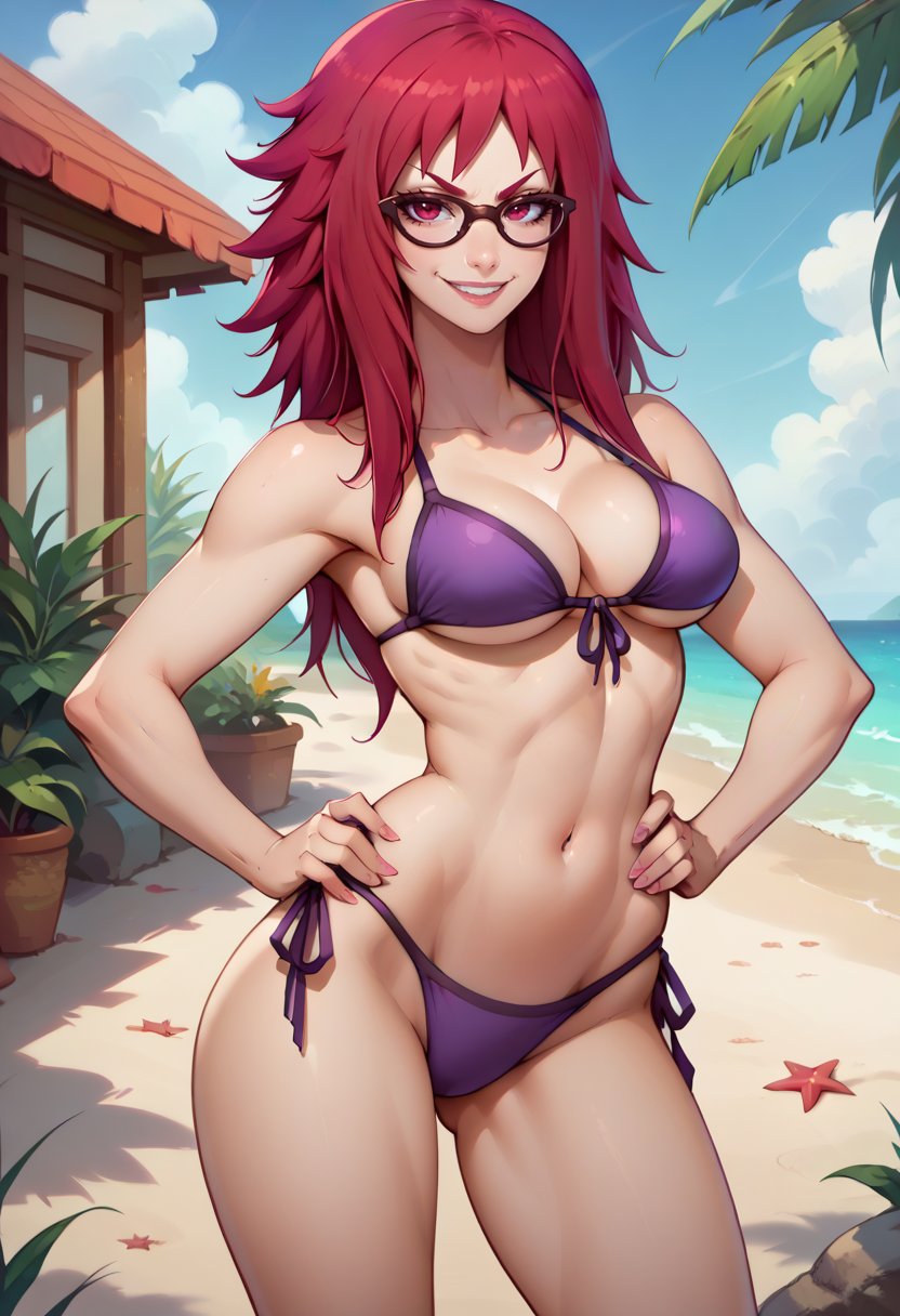 score_9, score_8_up, score_7_up, solo, 1girl, karinuzumaki, smile, looking at viewer, standing, hand on own hip, glasses, purple bikini, side-tie bikini bottom, large breasts, beach <lora:naruto_karinuzumaki_ponyXL:1>