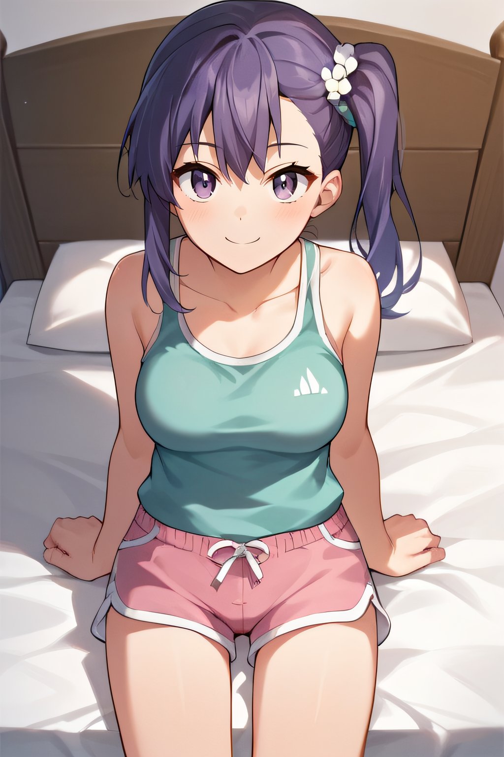 score_9, score_8_up, score_7_up, score_6_up, score_5_up, score_4_up, BREAK source_anime, masterpiece, best quality, ultra quality, <lora:PONY_Risa_chan:1>, risa, purple hair, purple eyes, side ponytail, hair ornament, cowboy shot, aqua tank top, pink shorts, sitting on bed, looking at viewer, smile, medium breasts, arms at sides