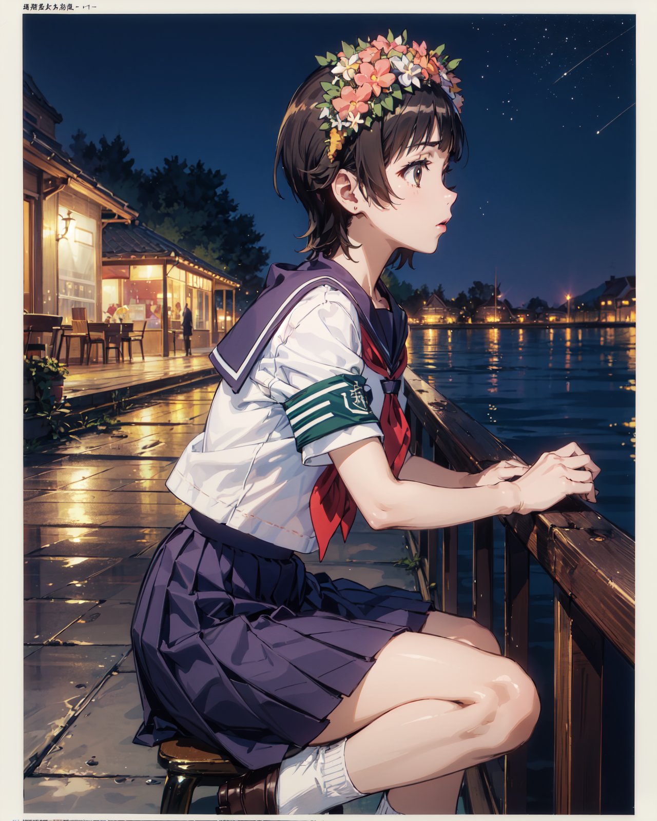 <lora:Uiharu-000007:0.8>,Uiharu CYQL,1girl,looking at viewer,solo,short hair,black hair,brown eyes,head wreath,flower,hair flower,(school uniform,summer uniform,short sleeves,serafuku,sailor collar,neckerchief,skirt,pleated skirt,armband,socks,white socks,black footwear),(Tsundere:1.2),beautiful face,beautiful eyes,glossy skin,shiny skin,(profile,from_side,spread legs:1.2),arms behind back,Plankton, Bioluminescent, Bay, Night, Water, Glow, Serenity, Magic,Dahlias,beautiful detailed sky,beautiful detailed glow,(English text:1.3),(border:1.5),posing in front of a colorful and dynamic background,(masterpiece, best quality, beautiful and aesthetic:1.3),contrapposto,female focus,fine fabric emphasis,wallpaper,fashion,Lipstick,depth of field,intricate_detail,finely_detailed,fine_fabric_emphasis,(glossy),<lora:增强减少细节add_detail:0.4>,