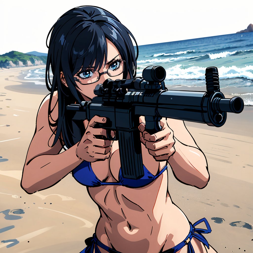 masterpiece,high quality,solo,<lora:holdingweapon001:0.6>,1girl,bikini,beach,holding rifle,aiming,