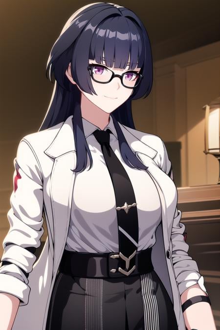 (perfect body),(fine and beautiful detailed skin:1.1),(shiny skin:1.1),(Oil highlights:1.1),(seductive), high-key and low-variance brightness scale,soft light,light and dark interlaced,1girl, long hair, solo, gloves, glasses, purple eyes, bangs, looking at viewer, closed mouth, shirt, necktie, fingerless gloves, labcoat, polo shirt, raiden mei, jacket, black gloves, purple hair, breasts, coat, white coat, striped shirt, grey shirt, smile, collared shirt, indoors, white jacket, pants, sleeves rolled up, black necktie, long sleeves