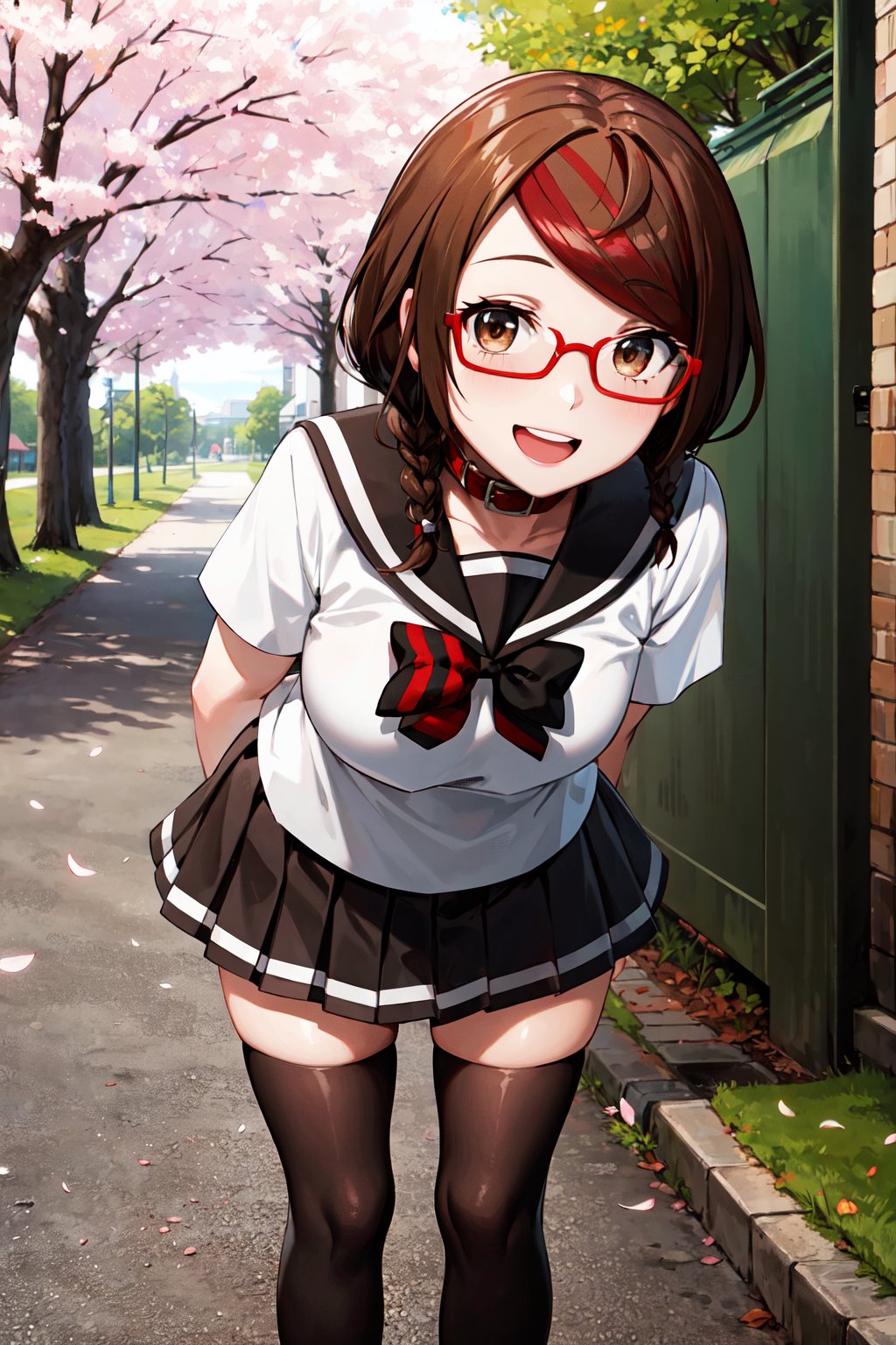 masterpiece, best quality, highres, aamisaki, twin braids, multicolored hair, brown eyes, red-framed eyewear, red collar, serafuku, sailor collar, multicolored bow, sailor shirt, white shirt, short sleeves, pleated skirt, black skirt, black thighhighs, <lora:sakimiya_misaki_v1:0.7>, arms behind back, leaning forward, standing, cherry blossoms, outdoors, smile, open mouth