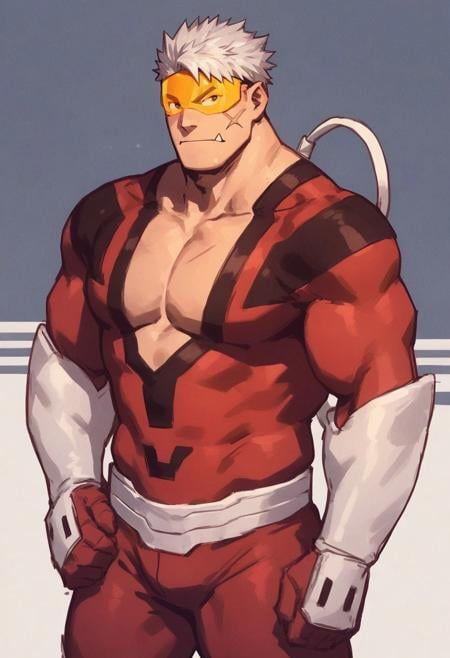 score_7_up, score_8_up, solo male, 1boy, sfw, rating_safe,BREAK,vladk, arm tube, red bodysuit, bottom fangs, scar on face, plump, bara, pectoral cleavage, yellow visor, 