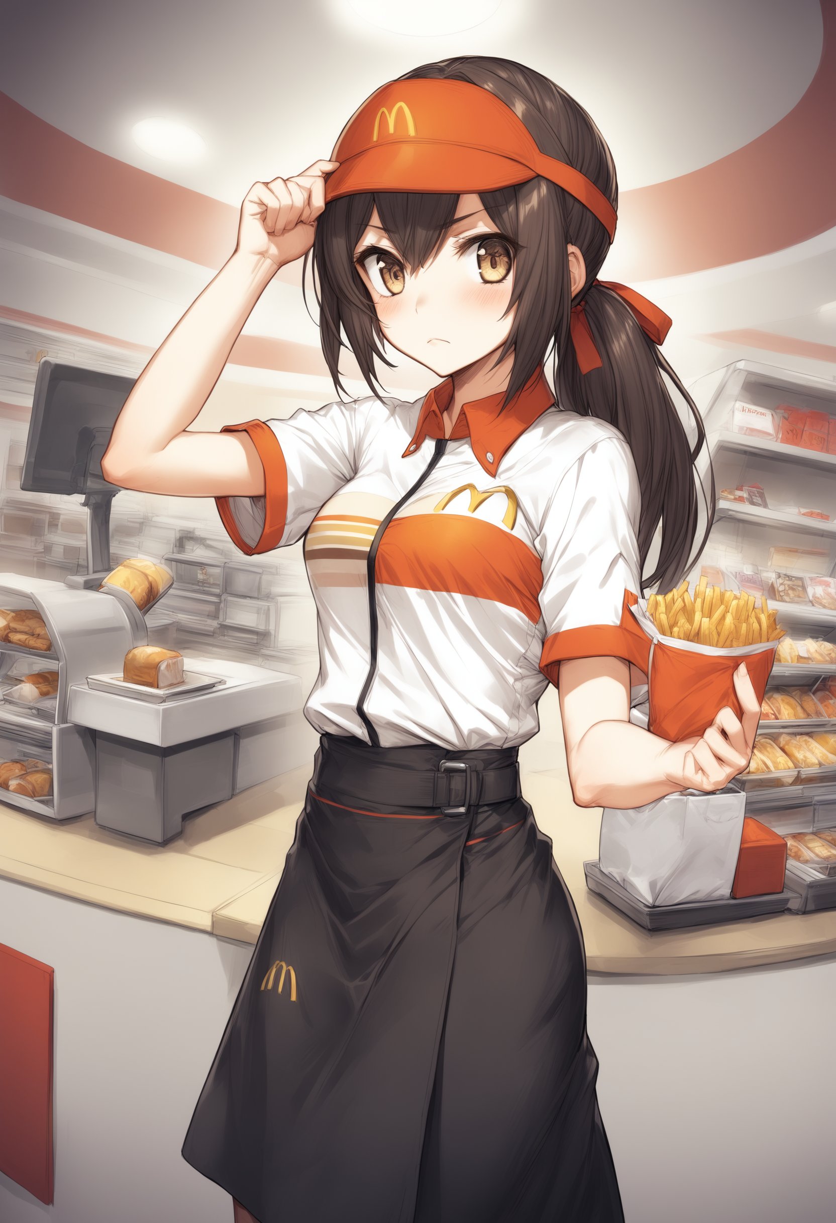 1girl, <lora:sdxl2-flat2-512b:-1>,medium breasts,solo,<lora:macXLv1:1.0>,mac,solo, employee uniform, fast food uniform, visor cap, short sleeves, clothes writing,dutch angle, wide shot, looking away, frown, closed mouth,best quality,medium quality,