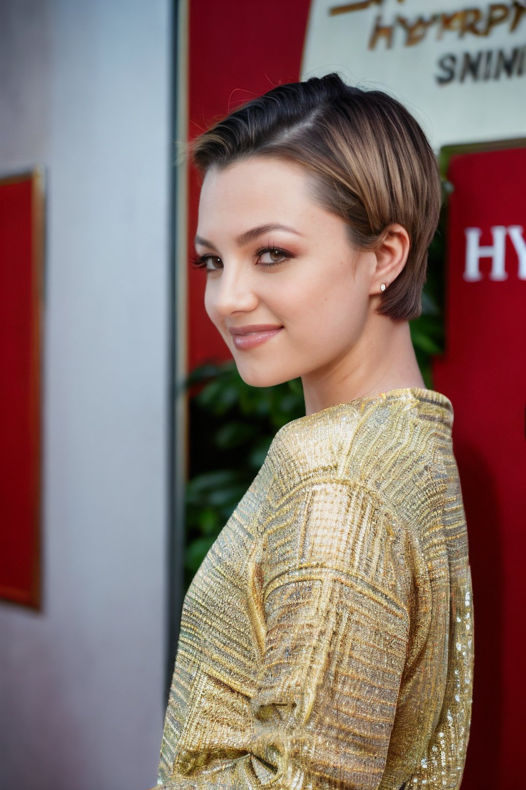 <lora:Belladonna_PS_Lora:0.85>, photo of b3ll4d0nn4, 1girl, full body, from side, a woman posing in a movie premiere gala, very short hair, wearing a fancy dress, model shoot style, (Sony a9 II Mirrorless Camera), 24mm, extremely intricate, High Detail, Sharp focus, dramatic, soft cinematic light, cute smile, 4k textures, elegant, soothing tones, hyperdetailed, low contrast, epiCRealism, epiCPhoto 