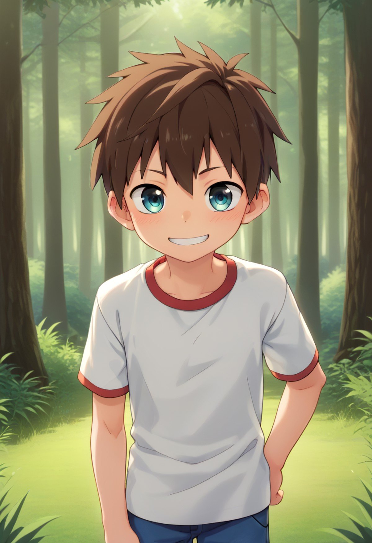 score_9, score_8_up, score_7_up, detailed eyes, forest, BREAKstraight on shot, standing,  <lora:PerfectEyesXL:0.8> perfecteyes, <lora:cutifiedanimecharacterdesign_variant_type_D_PonyXL_v10:0.7> 1boy, type-d,brown hair, shirt,  petite, young, solo smile || bright smile,full shot,bagpack