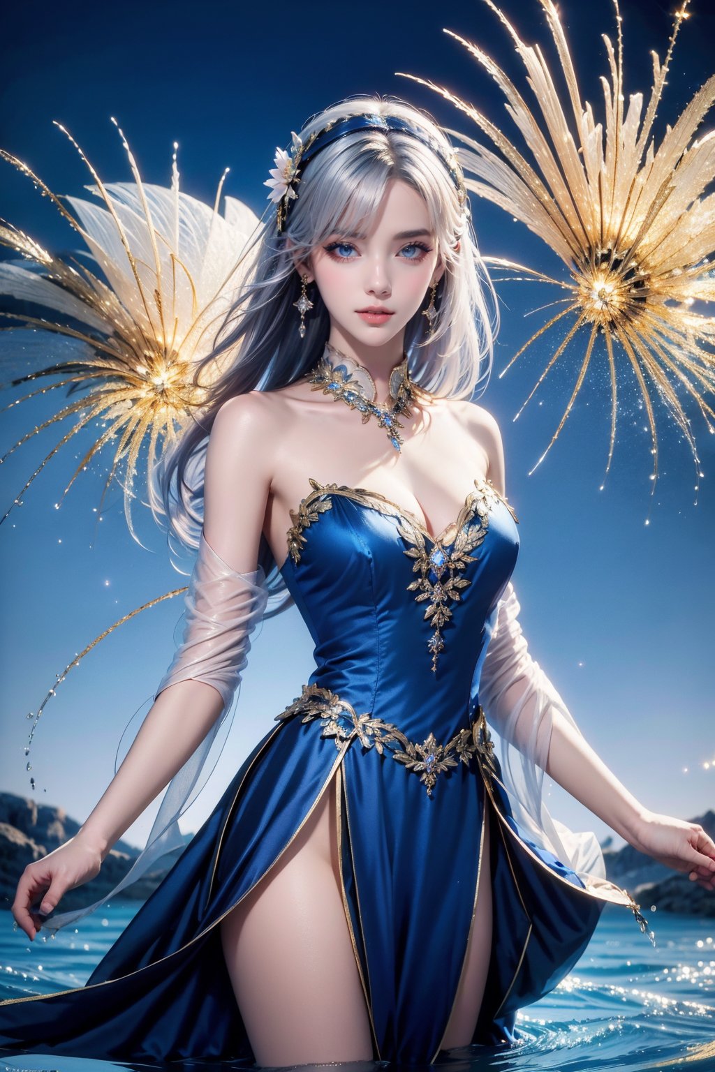 <lora:AgainRealistic_v2.0:1>, AgainRealistic_v2.0, 1girl, solo, water, long hair, breasts, looking at viewer, blue eyes, hair ornament, bare shoulders, dress, jewelry, parted lips, white hair, earrings, fireworks, cleavage, hairband, detached collar, detached sleeves, medium breasts, hair flower, flower, hair between eyes, cowboy shot, lips, blue dress, standing, sky, realistic, strapless dress, grey hair, night, artist name, strapless, watermark