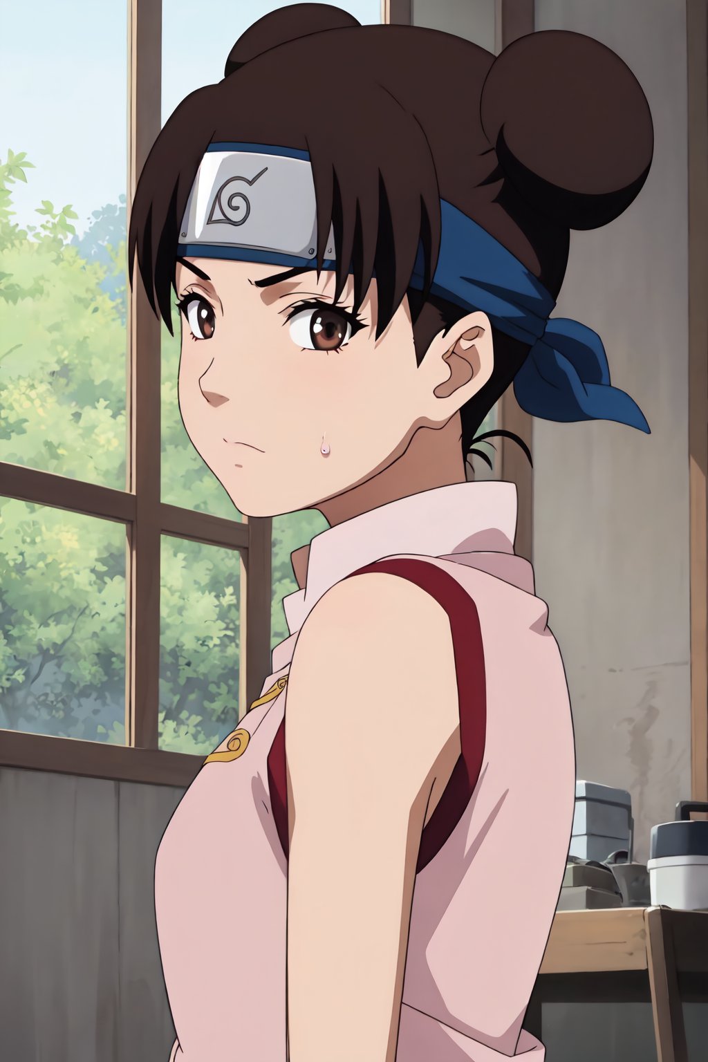 tenten, 4k, absurd, high resolution, very high resolution, high definition, masterpiece, anime_source, 2 bows, short brown hair, "pink sleeveless shirt", girl, upper body, looking_at_viewer<lora:EMS-383091-EMS:0.800000>