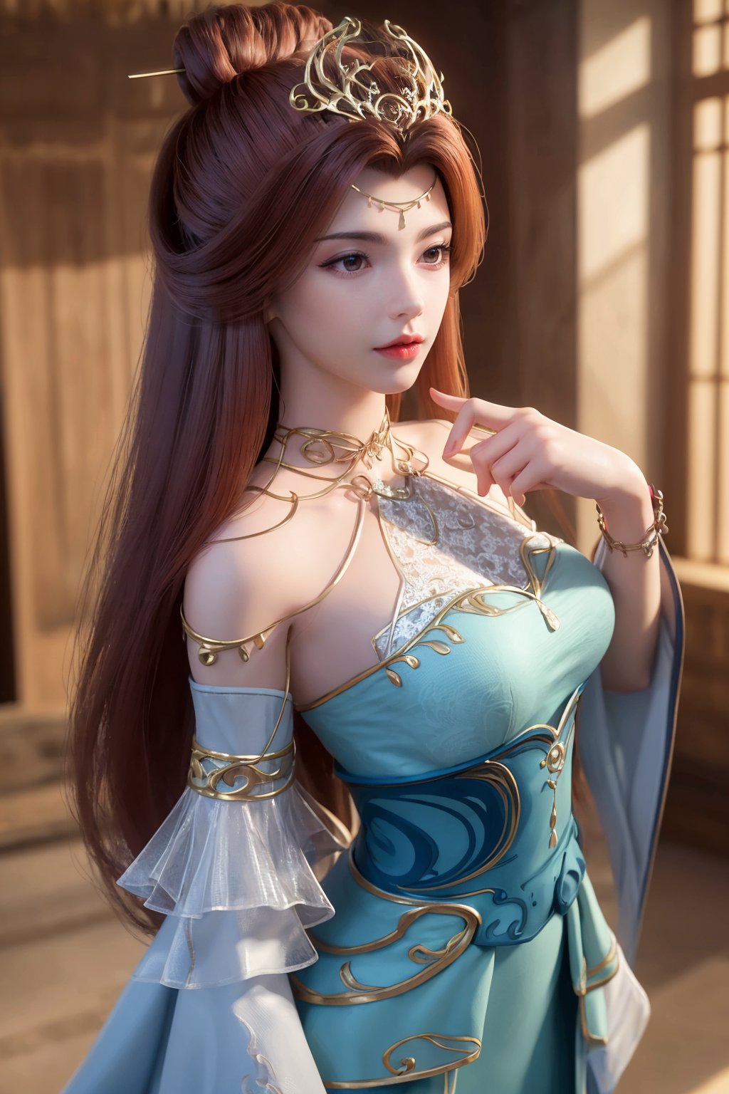 masterpiece,(best quality),official art,extremely detailed cg 8k wallpaper,(extremely delicate and beautiful),solo,realistic,photo_\(medium\),finger gun,1girl,chinese clothes,gown,bare shoulders,metal collar,chain,solo,brown hair,long hair,gown,jewelry,bracelet,detached sleeves,hair ornament,see-through,<lora:lingyun_v2.1:0.7>,