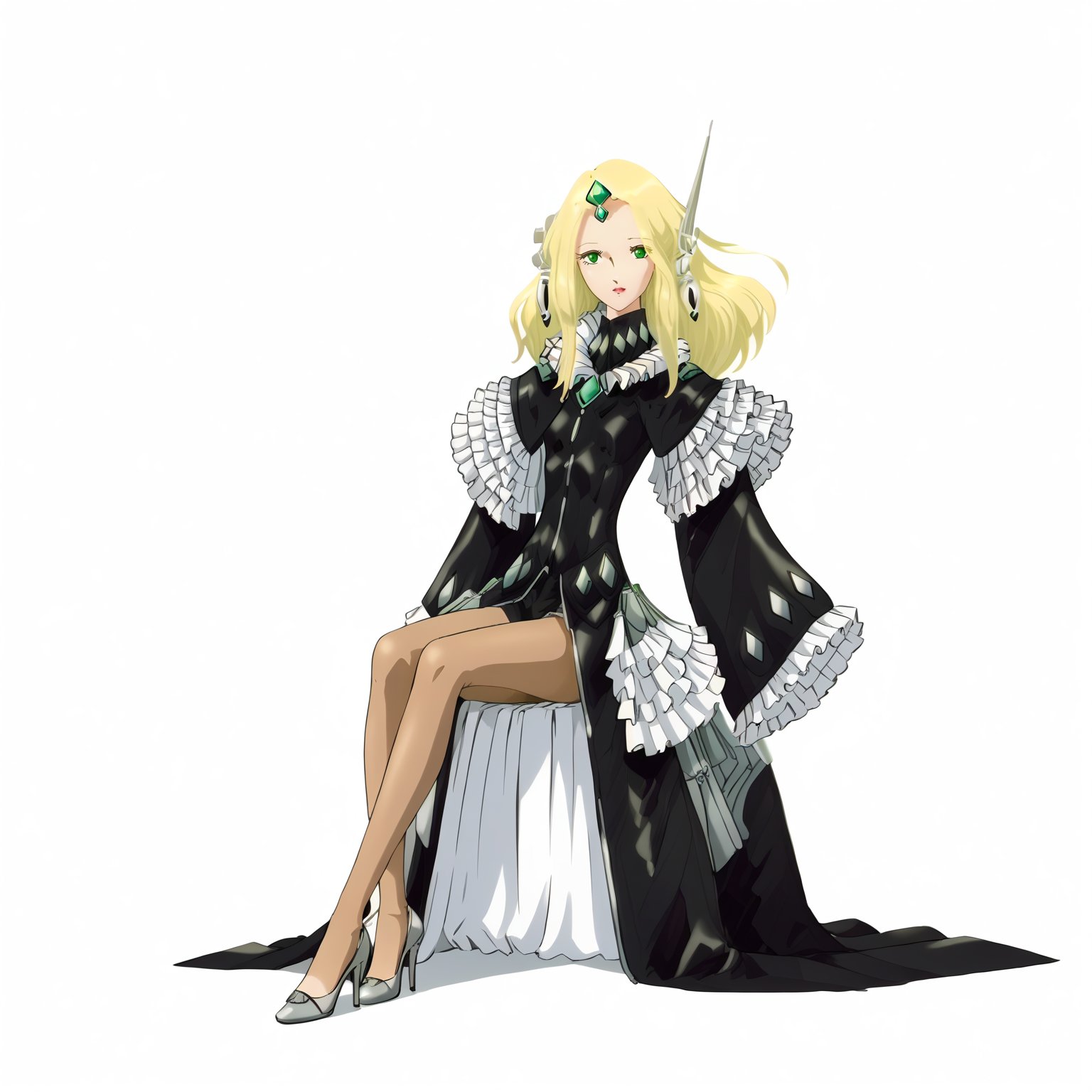 <lora:FatimaPasitheaXLpony002>,solo,FatimaPasithea,1girl,blonde hair,long hair,green eyes,black body suit,black dress,long_sleeves,wide_sleeves,frill sleeve,brown pantyhose,high_heels,full body,sitting,