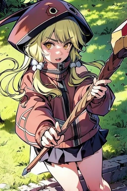 <lora:puluoer-10:0.9>((extremely realistic shading, masterpiece, extremely detailed, photorealistic))Yellow hair, Yellow eyes, Red hoodie, black short skirt,wand,hat,