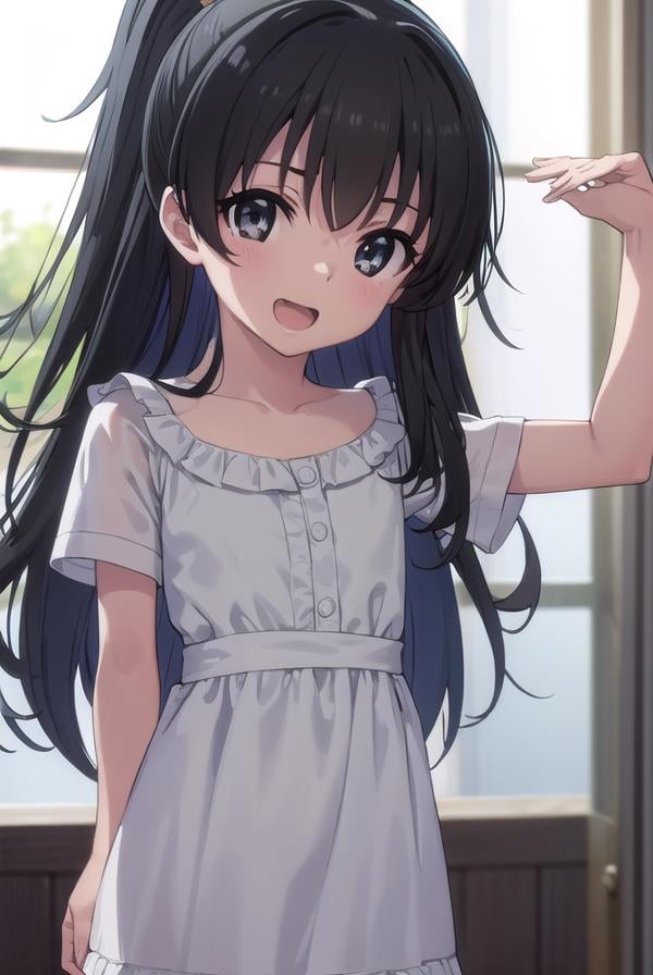 hinatakanashi, <lora:hina takanashi s1-lora-nochekaiser:1>,hina takanashi, long hair, black hair, (black eyes:1.3), ponytail, antenna hair, child, smile, open mouth,BREAK dress, yellow dress, short sleeves,BREAK indoors,BREAK looking at viewer, (cowboy shot:1.5),BREAK <lyco:GoodHands-beta2:1>, (masterpiece:1.2), best quality, high resolution, unity 8k wallpaper, (illustration:0.8), (beautiful detailed eyes:1.6), extremely detailed face, perfect lighting, extremely detailed CG, (perfect hands, perfect anatomy), 