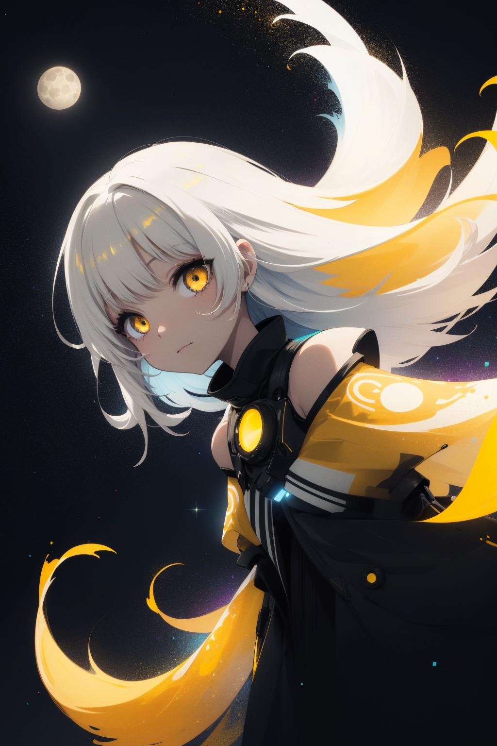 one girl with glowing yellow cat eyes in the dark night from an upper angle. there is a full moon glowing in the background. starry night sky, vibrant colors, colorful, (fantasy:1.1), luminescent, neon, vibrant, glowing, high contrast, big eyes, fluffy hair, light particles, goddess