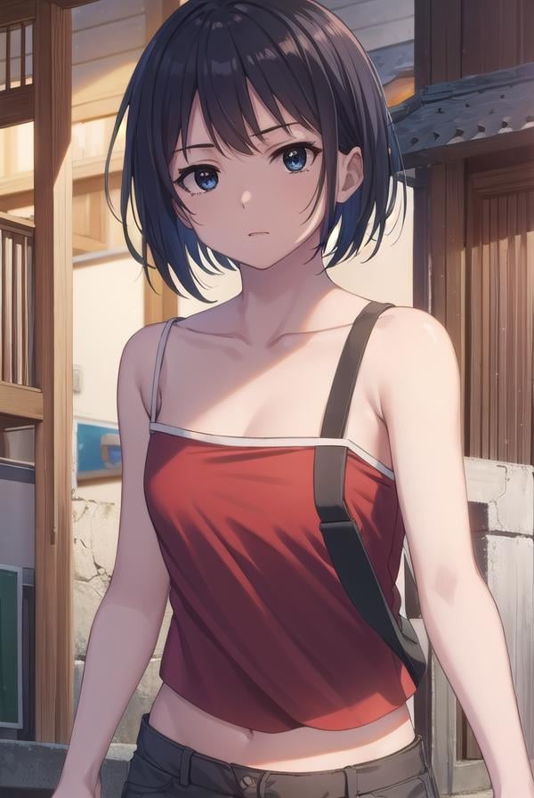 keikosanjou, <lora:keiko sanjou s1-lora-nochekaiser:1>,keiko sanjou, short hair, black hair, (black eyes:1.5),BREAK shorts, black shorts, camisole, bare shoulders, collarbone, (red camisole:1.5),BREAK outdoors, shrine,BREAK looking at viewer, (cowboy shot:1.5),BREAK <lyco:GoodHands-beta2:1>, (masterpiece:1.2), best quality, high resolution, unity 8k wallpaper, (illustration:0.8), (beautiful detailed eyes:1.6), extremely detailed face, perfect lighting, extremely detailed CG, (perfect hands, perfect anatomy),