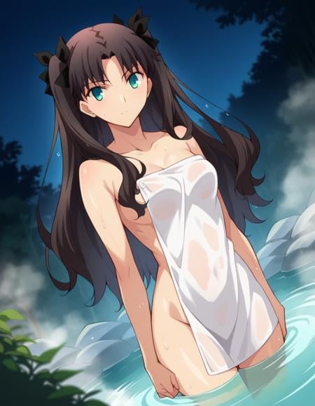 score_9, score_8_up, score_7_up, source_anime,rintohsaka, <lora:rin-tohsaka-ubw-ponyxl-lora-nochekaiser:1>,rin tohsaka, aqua eyes, black hair, hair ribbon, long hair, ribbon, sidelocks, two side up, parted bangs,nude, naked, outdoors, onsen, towel, naked towel, steam, bathing, nude cover, partially submerged, water, bath, steam censor, wet towel,looking at viewer, dutch angle, cowboy shot,