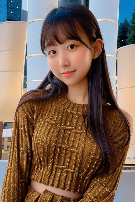 "1girl,photo of pyoapple, brown hair,best quality,sweater,long sleeves,(detailed face:1.4), (looking at another:1.4), shiny skin, smile, city at night background ,(half body:1) <lora:last-000005:0.850>
