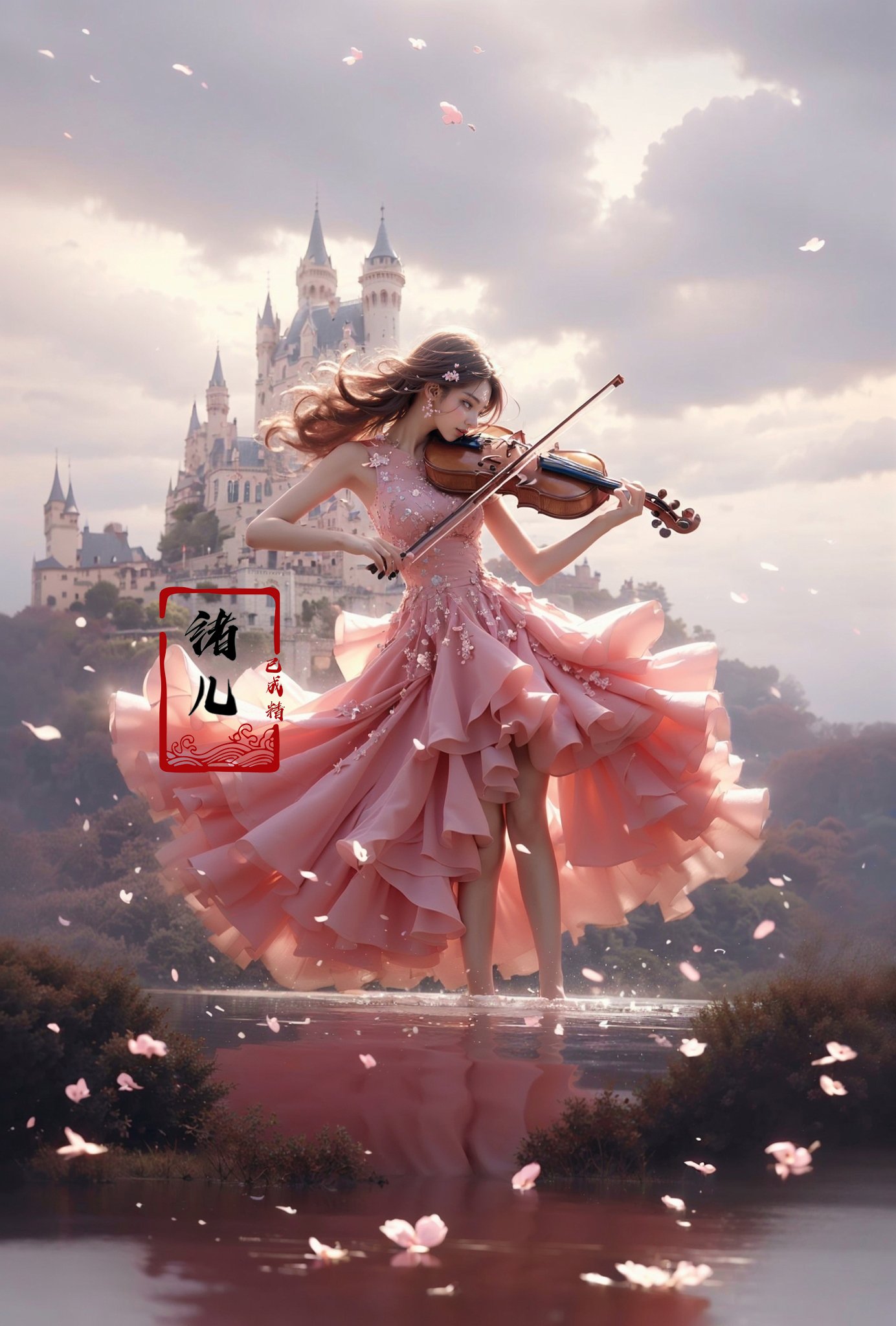 (A girl in a dress is in the air:1.3), playing a violin, (wide shot, wide-angle lens,Panoramic:1.2),super vista, super wide Angle，Low Angle shooting, super wide lens, Castle background，violin，bare shoulders，petals，pink dress，from below，blurry foreground， water，ripples，(full body:1.5),(long legs:1.3), <lora:绪儿-小提琴 violin:0.8>