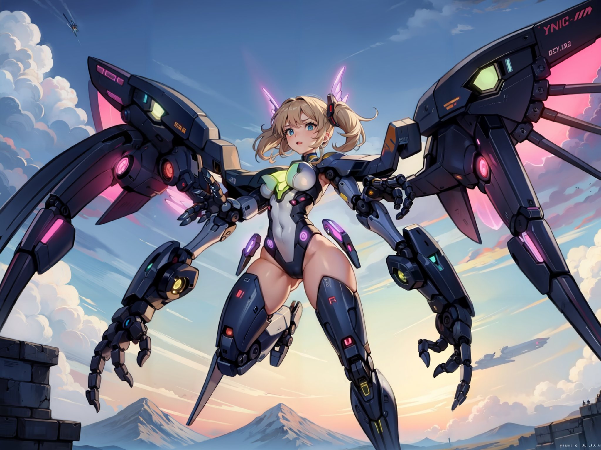 1girl, large_mecha_arm, fighting stance, with extremely large robotic hands,scifi, beautiful lighting  (masterpiece) and (best quality) <lora:機甲手臂-lottalewdsLargeMecha_v1:0.8>,( mechanical_wings, thrusters),sky,cloudy sky, <lora:機械翅膀-lottalewdsMechanical_v1:0.8> in flight