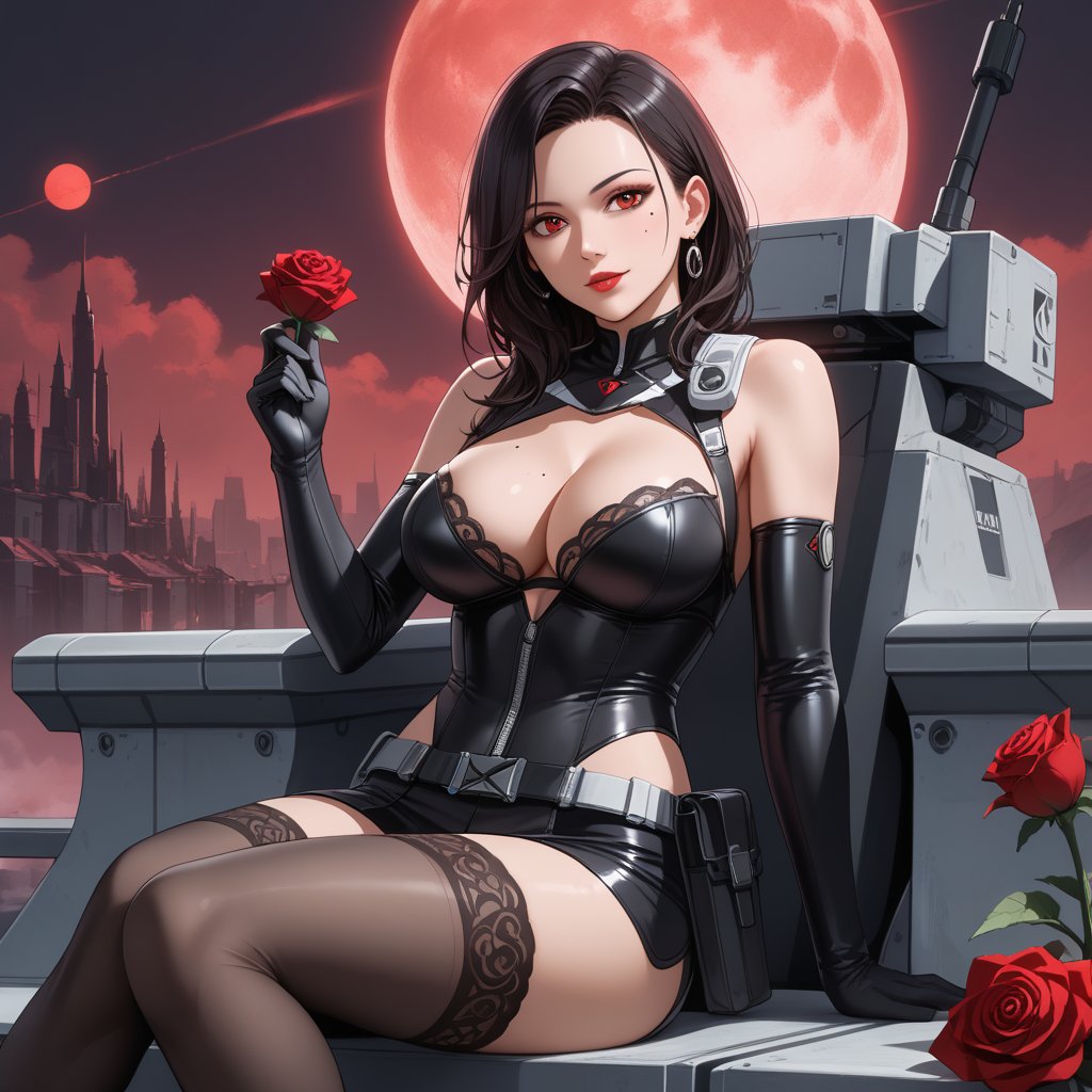 (,1girl, ,best quality, ),,  ,,ultra realistic 8k cg,, ,masterpiece, (( , )),, ,science fiction,mole, ,    ,red moon, black rose,(sit),     (cleavage),,  (),