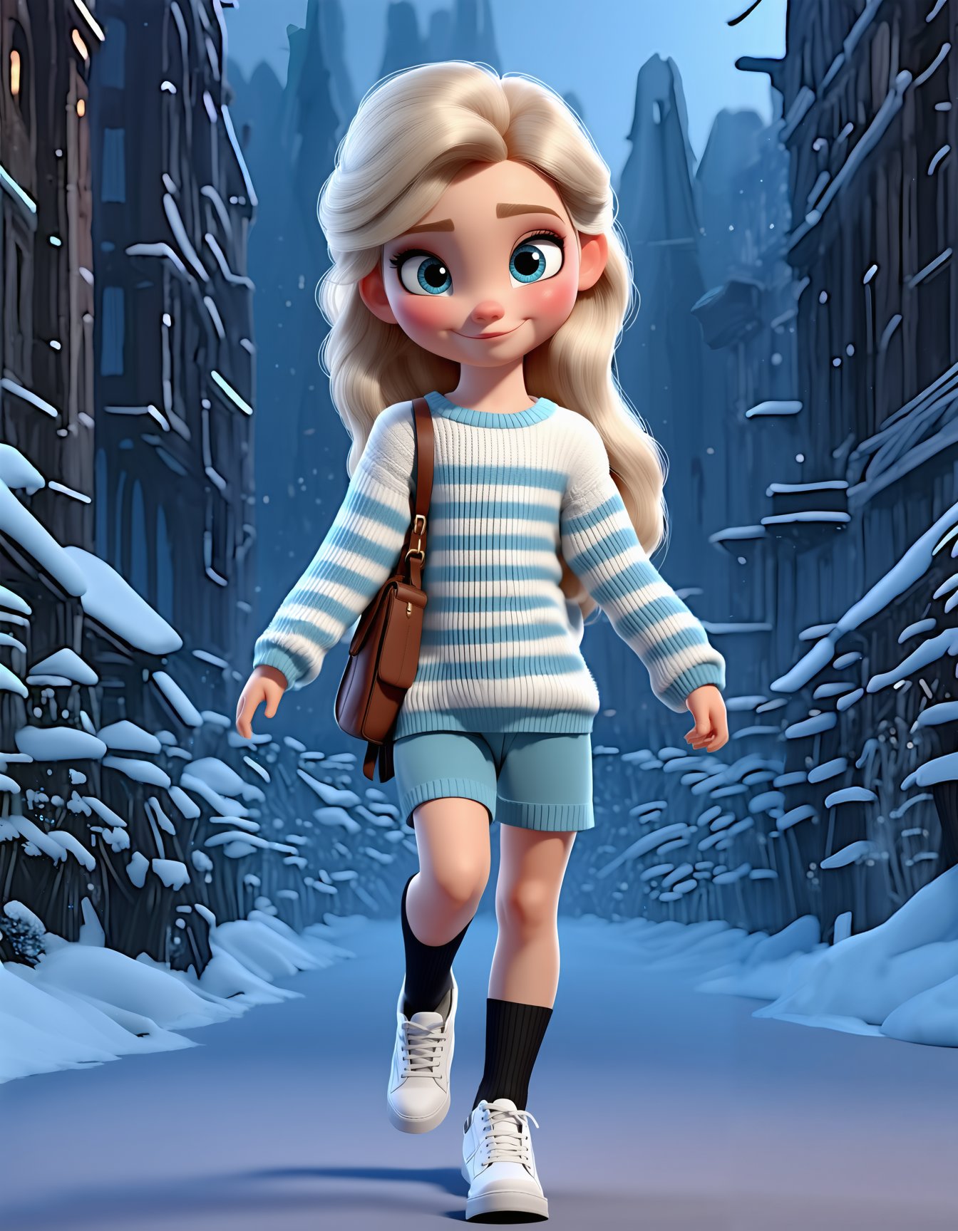 3D cartoon, cartoon style, 3D render, 1girl, long hair, blue eyes, blonde hair, long sleeves, closed mouth, full body, shoes, socks, striped clothes, bag, from side, sweater, sleeves past wrists, makeup, white footwear, black socks, sneakers, eyeshadow, walking, running, oversized clothes, elsa (frozen), SD3_cartoon_ep10.safetensors