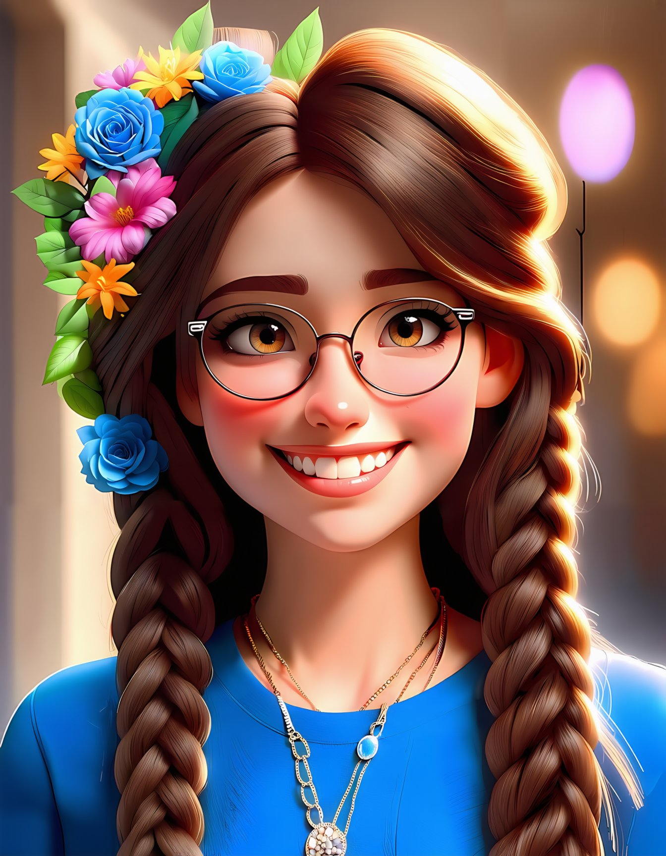 1girl, long hair, looking at viewer, smile, shirt, brown hair, hair ornament, jewelry, brown eyes, upper body, braid, flower, teeth, glasses, necklace, grin, twin braids, blue shirt, round eyewear, realistic