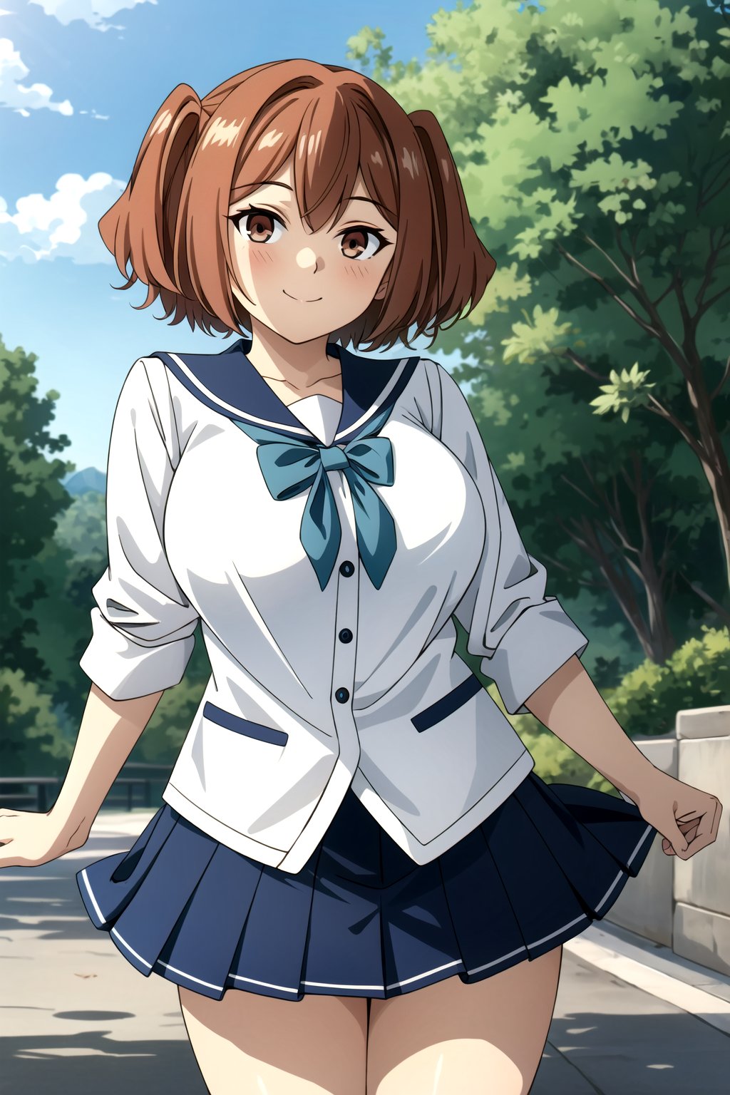 (masterpiece, best quality, highres, dynamic lighting), <lora:add_detail:0.4>, looking at viewer, blush, closed mouth, happy, mature female, large breasts, looking at viewer, outdoors, <lora:kanne:0.7>, two side up, short hair, kanne, school uniform