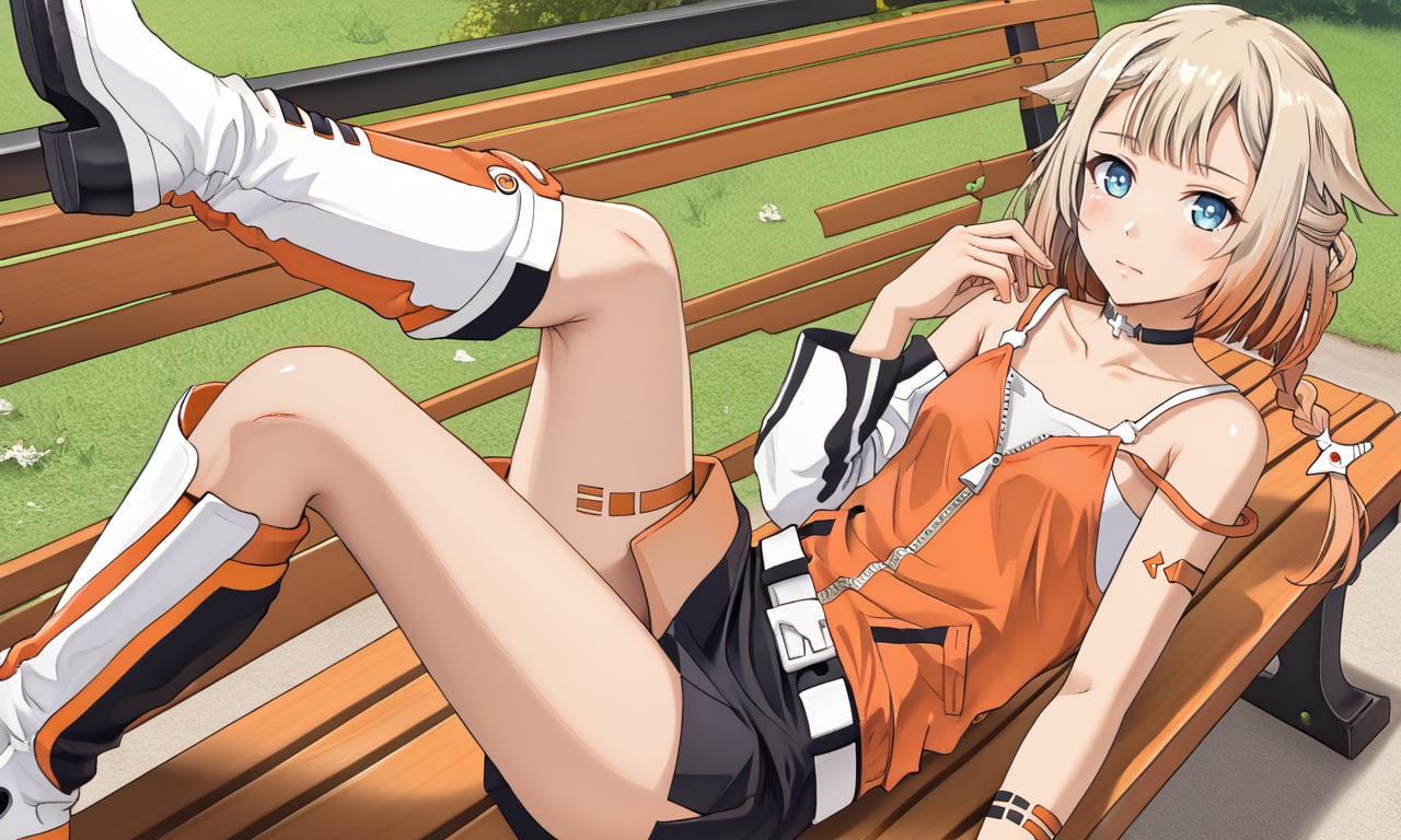 full body, on back, bench, <lora:ONE_CeVIO:1> ONE_CeVIO,blue eyes,blonde,orange tint,single braid,hair flaps,emblem choker,bare shoulders,single sleeve, detached sleeve,orange shirt,spaghetti strap,arm tattoo,leg tattoo,zipper,belt,black skirt,asymmetrical legwear,single black thighhigh,white knee boots