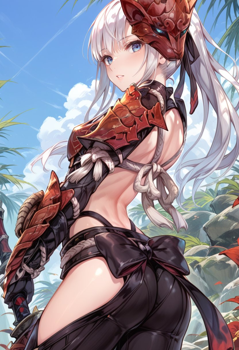 (score_9:0.9),score_8_up,score_7_up,anime style,rating_safe,(zPDXL),<lora:Odogaron Armor Beta ponyXL v1:0.8>,odogaron beta armor,red mask,red gauntlets,1girl,solo,ass,blue eyes,long hair,looking back,ponytail,outdoors,looking back,sky,day,parted lips,cowboy shot,white hair,bangs,from behind,standing,back,sword,cloud,black bow,