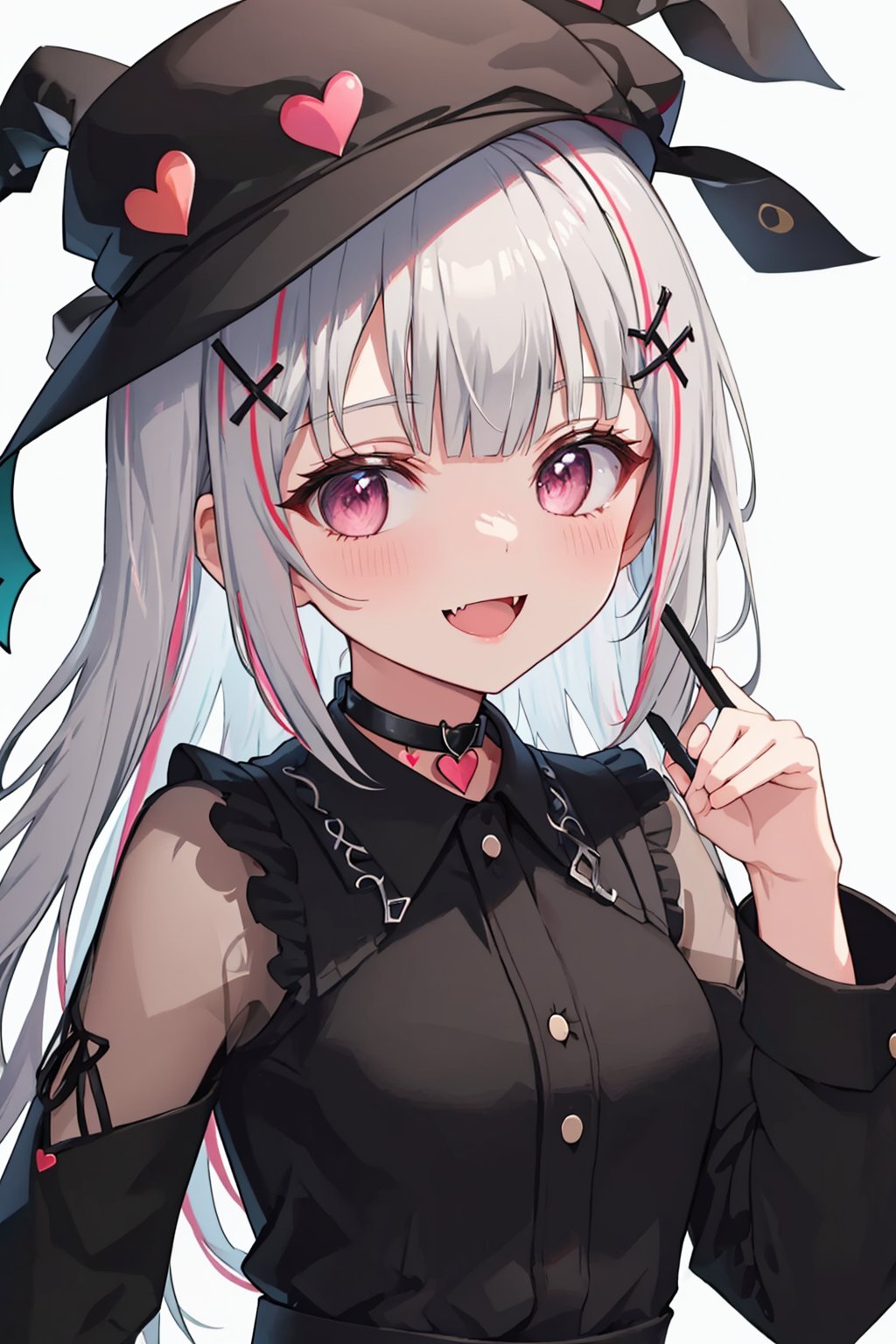 masterpiece,best quality, highly detailed, asumi sena,looking at viewer,virtual youtuber,1girl,blush,solo,long sleeves,open mouth,black headwear,white background,black choker,simple background,skin fang,upper body,d,black shirt,heart,black dress,hair ornament,hat,smile,<lora:asumi_sena:1>