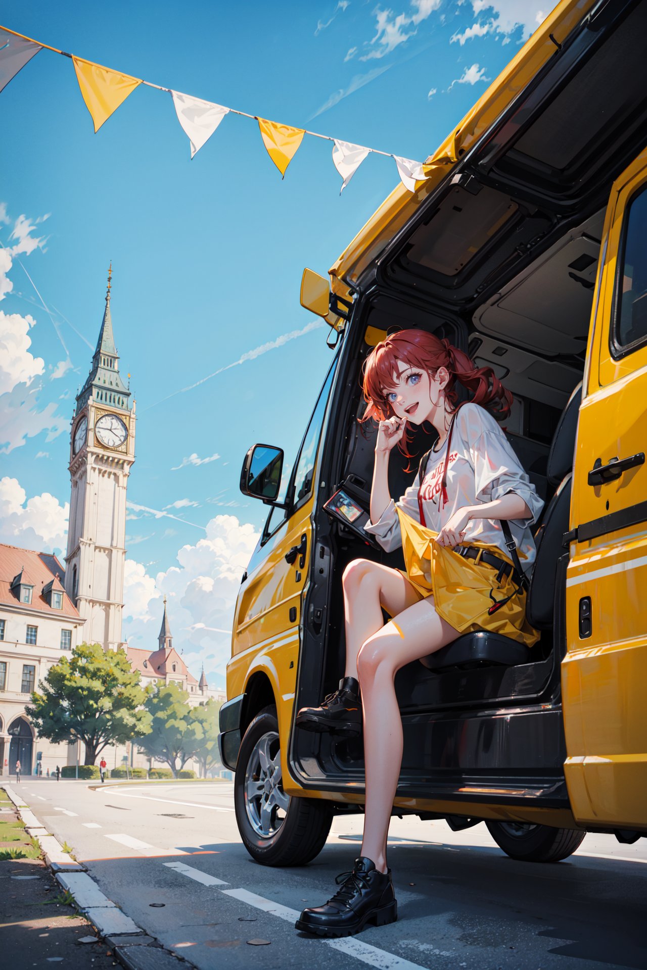 ((best quality, masterpiece, absurbres, super-resolution))  (Red and Yellow), friends having fun,  Summer trip, travel van