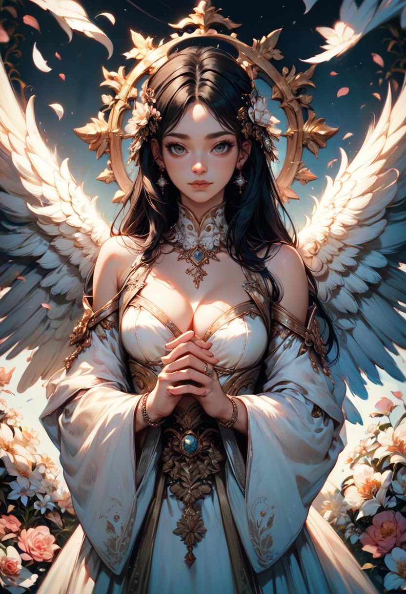 score_9,score_8_up,score_7_up, zPDXL, 1girl, solo, long hair, breasts, looking at viewer, bangs, black hair, hair ornament, dress, cleavage, jewelry, medium breasts, closed mouth, flower, earrings, wings, wide sleeves, white dress, bracelet, lips, parted bangs, grey eyes, petals, halo, ring, own hands together, feathered wings, angel wings, nose, white wings, angel, straight-on<lora:GN_v1.4:0.9>