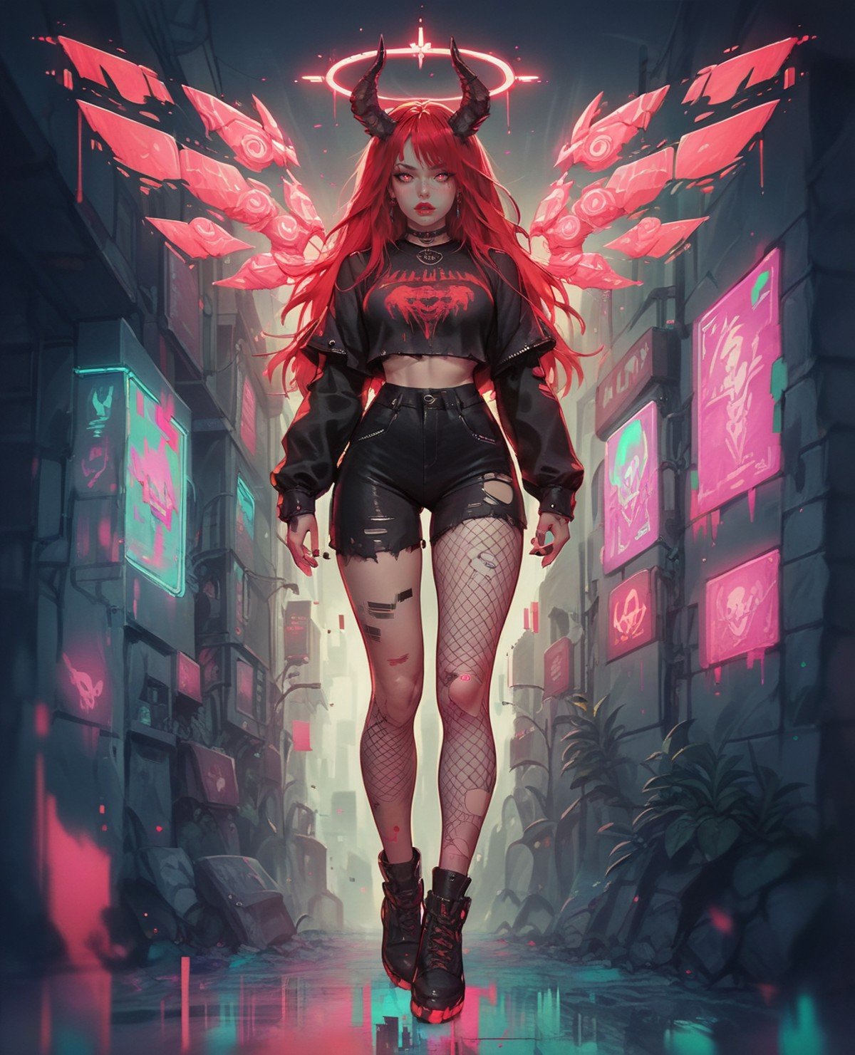 score_9. score_8_up, score_7_up, score_6_up, score_5_up, score_4_up, 1girl, red hair, curvy, gothic, g0th1cPXL, glowing, full body, city, neon, fishnets, cyberwings, (glitch:1.2), torn clothes, horns, halo, <lora:g0th1cPXL:0.75>