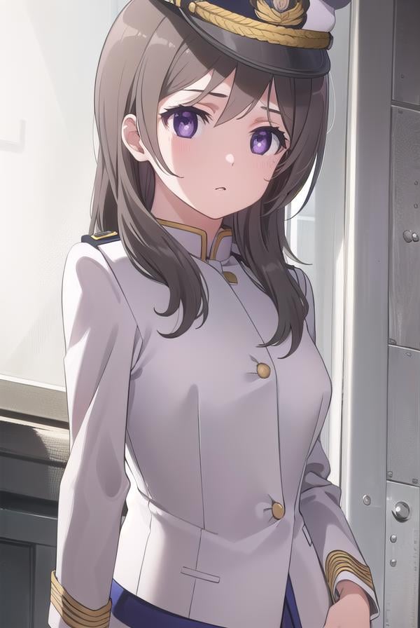 chinamoeka, <lora:china moeka s1-lora-nochekaiser:1>,china moeka, long hair, brown hair, (purple eyes:1.1),BREAK hair ornament, hat, hairclip, uniform, military, military uniform, peaked cap, naval uniform, (white uniform:1.5),BREAK outdoors, ship, navy,BREAK looking at viewer, (cowboy shot:1.5),BREAK <lyco:GoodHands-beta2:1>, (masterpiece:1.2), best quality, high resolution, unity 8k wallpaper, (illustration:0.8), (beautiful detailed eyes:1.6), extremely detailed face, perfect lighting, extremely detailed CG, (perfect hands, perfect anatomy),