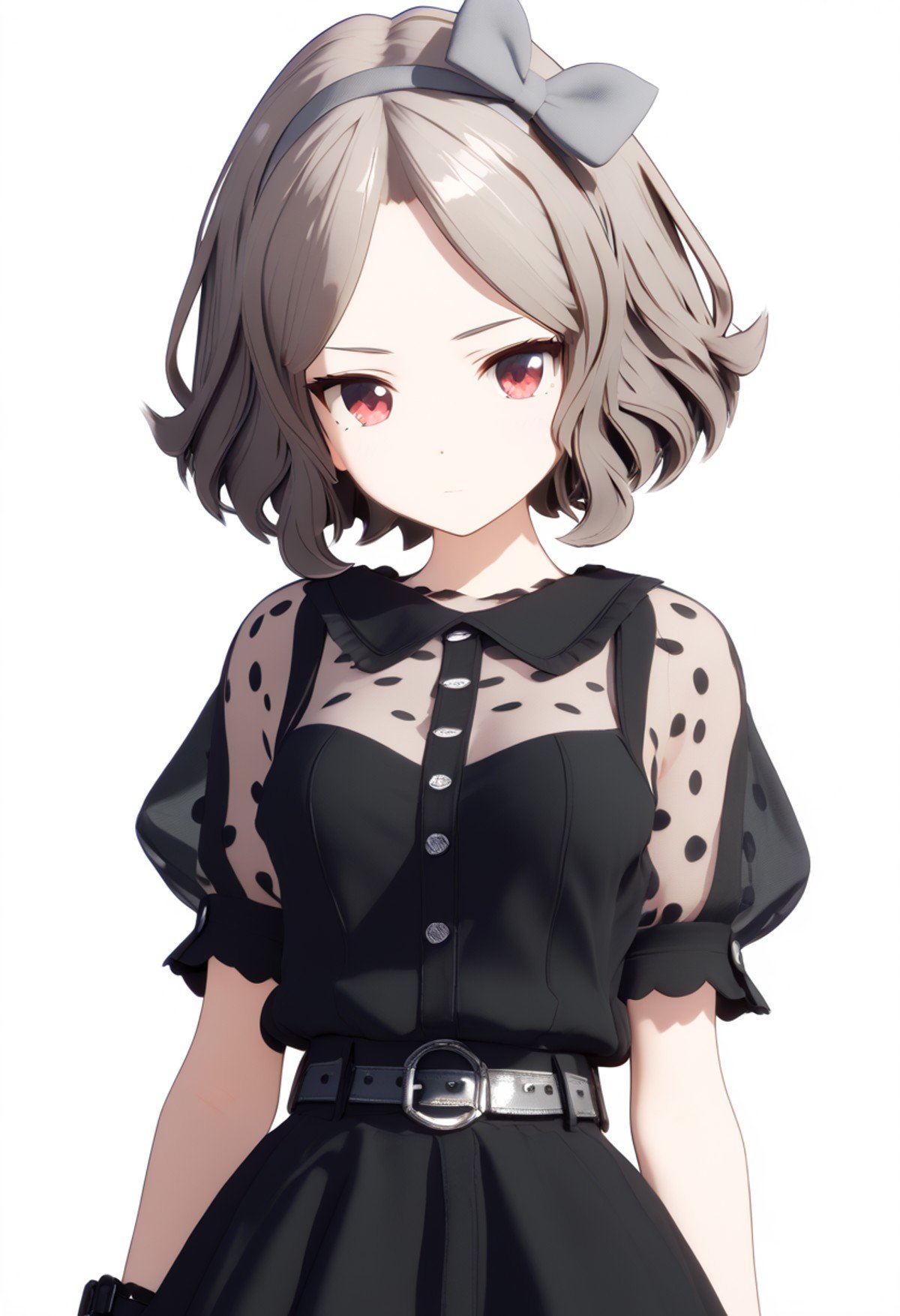 (score_9,score_8_up,score_7_up, ),<lora:GBC_TOMO:1>,GBC_TOMO,1girl,solo,red eyes,short hair,wavy hair,brown hair,short sleeves,puffy sleeves,polka dot short sleeve,black skirt,see-through sleeves,gray hairband,gray hair bow,black watch,bow hairband,wristwatch,belt,buckle,looking at viewer,closed mouth,upper body,expressionless,standing,arms at sides,shiny hair,black dress,medium breasts,simple_background,white_background,3d,