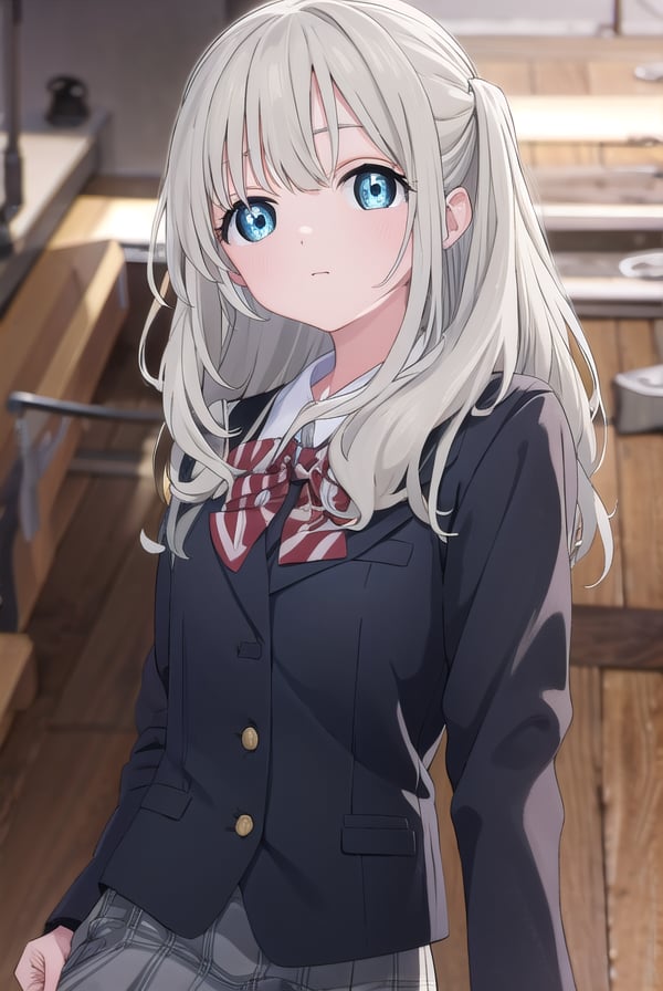 hotaruhiraiwa, <lora:hotaru hiraiwa s1-lora-nochekaiser:1>,hotaru hiraiwa, long hair, bangs, blue eyes, grey hair,BREAK skirt, long sleeves, school uniform, jacket, socks, black skirt, two side up, black jacket, kneehighs, blazer, black socks, bow, bowtie, stripped, stripped bowtie,BREAK indoors, classroom,BREAK looking at viewer, (cowboy shot:1.5),BREAK <lyco:GoodHands-beta2:1>, (masterpiece:1.2), best quality, high resolution, unity 8k wallpaper, (illustration:0.8), (beautiful detailed eyes:1.6), extremely detailed face, perfect lighting, extremely detailed CG, (perfect hands, perfect anatomy),