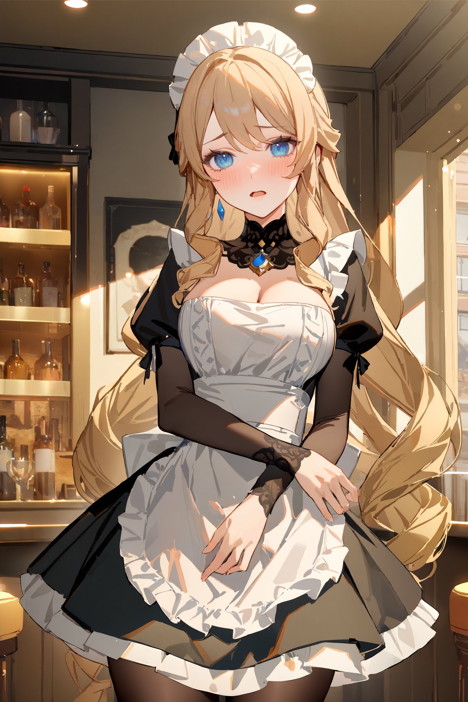 masterpiece, best quality, very aesthetic, ray tracing, newest, (hitenkei, askzy:0.4), 1girl, navia \(genshin impact\), solo, maid, maid headdress, maid apron, embarrassed, pantyhose, open mouth, blush, parted lips, looking at viewer, cowboy shot, bar \(place\), indoors, depth of field <lora:EnvyBetterHiresFixXL01:0:hr=1>,  <lora:Char-Genshin-Navia-XL-V1:0.8>