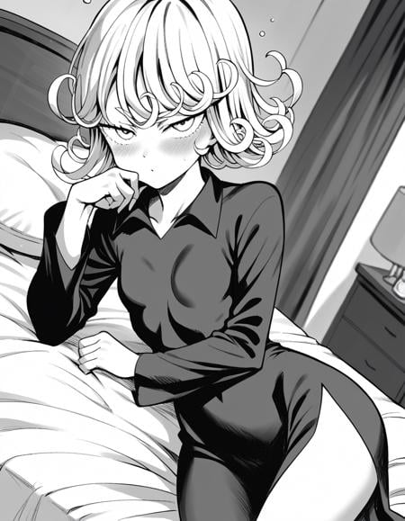 score_9, score_8_up, score_7_up, source_anime,tatsumaki, <lora:opm-tatsumaki-manga-ponyxl-lora-nochekaiser:1>,tatsumaki, short hair, curly hair, monochrome, greyscale,long sleeves, dress,indoors, bed, bed room, on side, blush, drunk,looking at viewer, cowboy shot, solo, dutch angle,