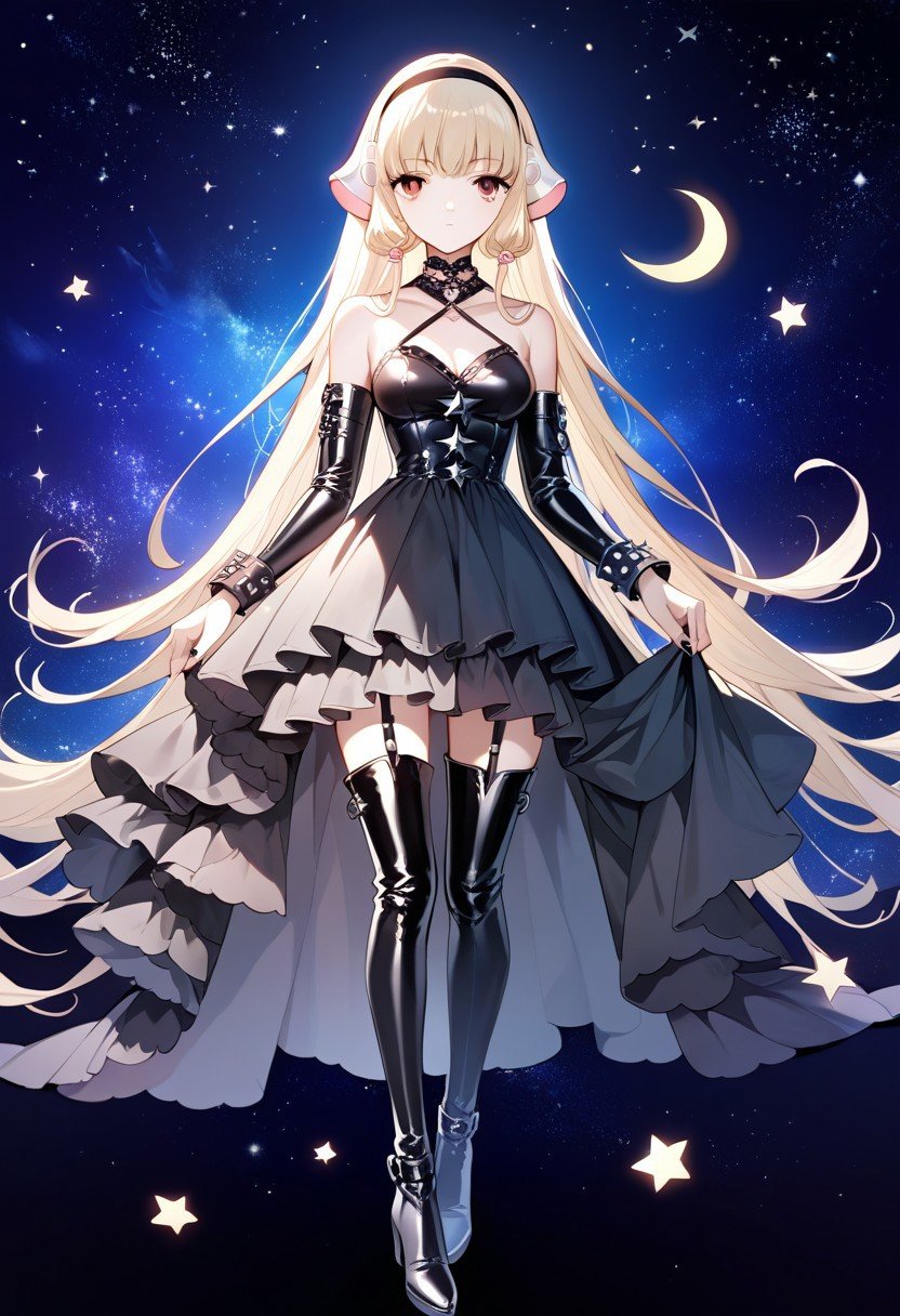 score_9,score_8_up,score_7_up,source_anime, Chii (Chobits),1girl,solo,dress,thighhighs,bare shoulders,hairband,boots,detached sleeves,black footwear,star \(symbol\),black dress,thigh boots,moon,latex fashion,gothic,crescent moon,goth fashion